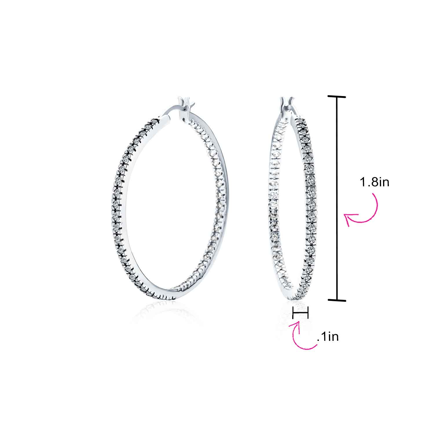 Bridal Pink White Black CZ Hoop Earrings Pave Thin Inside Out 1.75 Inch Silver - Image 11