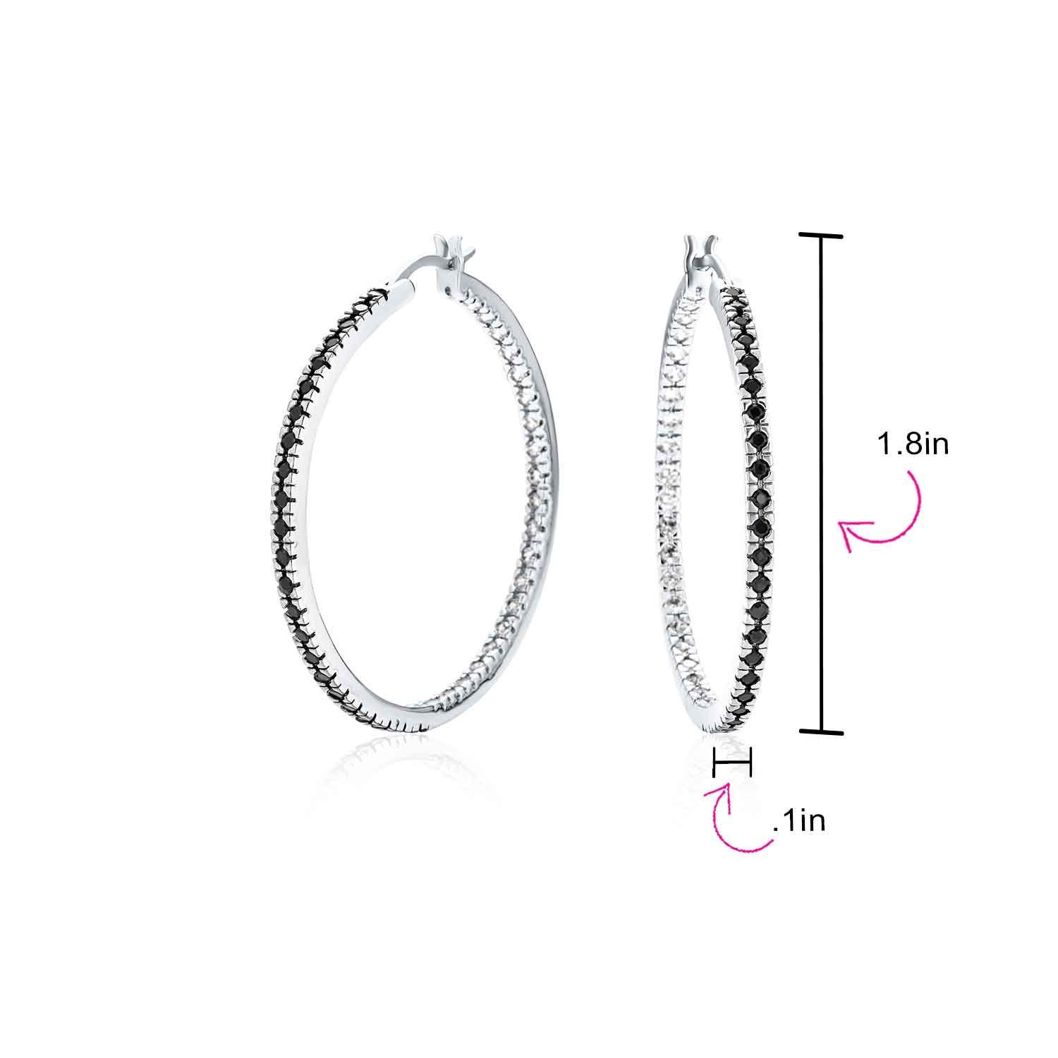 Bridal Pink White Black CZ Hoop Earrings Pave Thin Inside Out 1.75 Inch Silver - Image 12