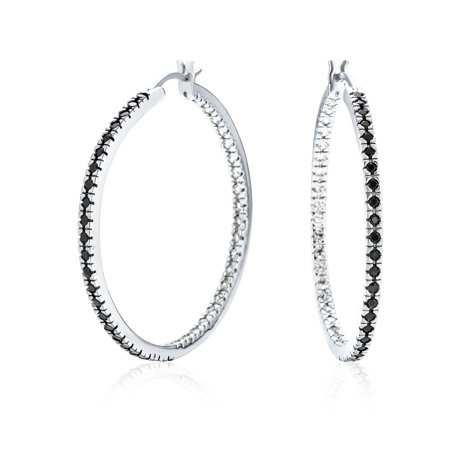 Bridal Pink White Black CZ Hoop Earrings Pave Thin Inside Out 1.75 Inch Silver - Image 3