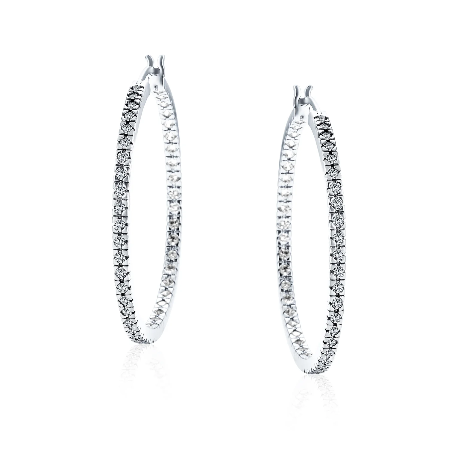 Bridal Pink White Black CZ Hoop Earrings Pave Thin Inside Out 1.75 Inch Silver - Image 5