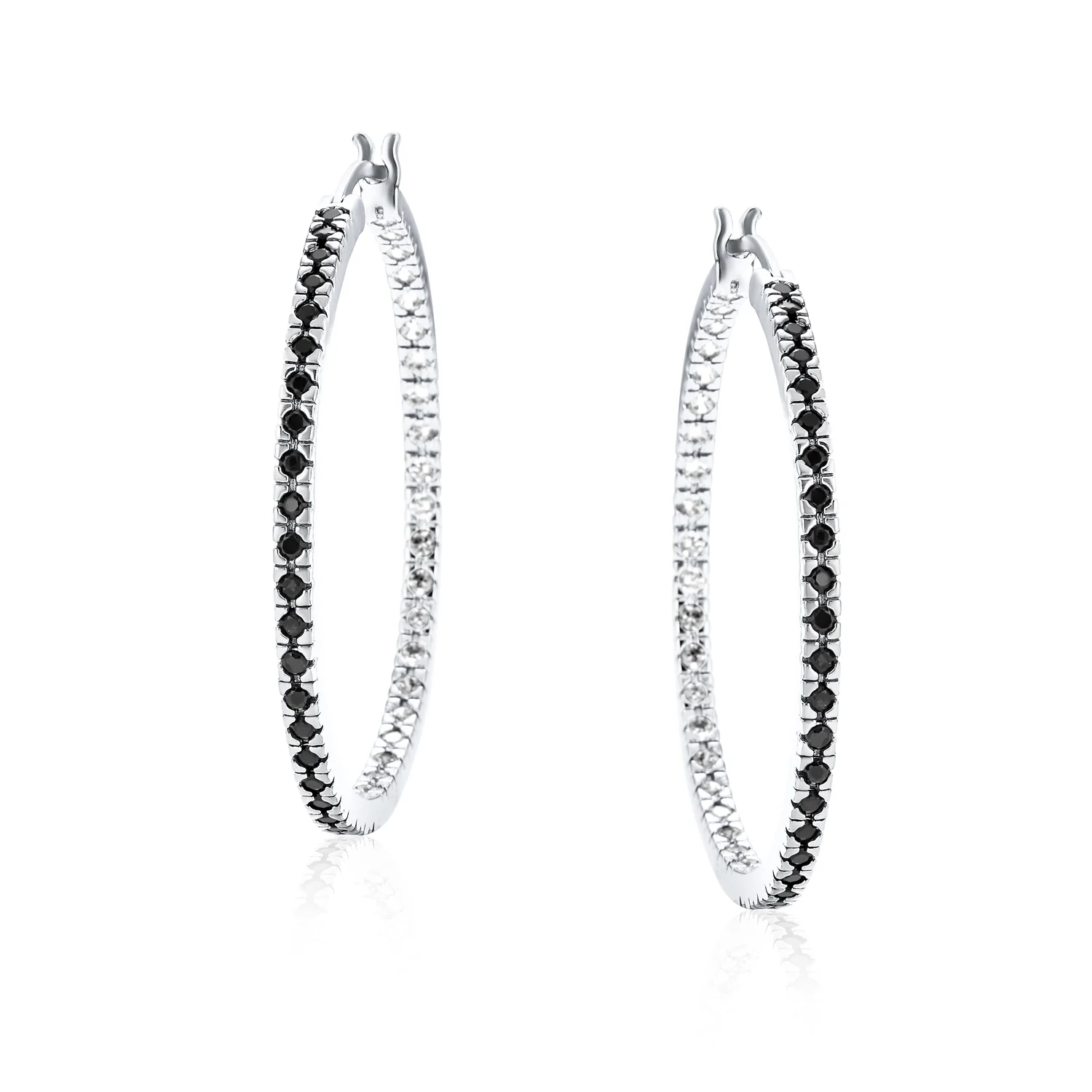 Bridal Pink White Black CZ Hoop Earrings Pave Thin Inside Out 1.75 Inch Silver - Image 6