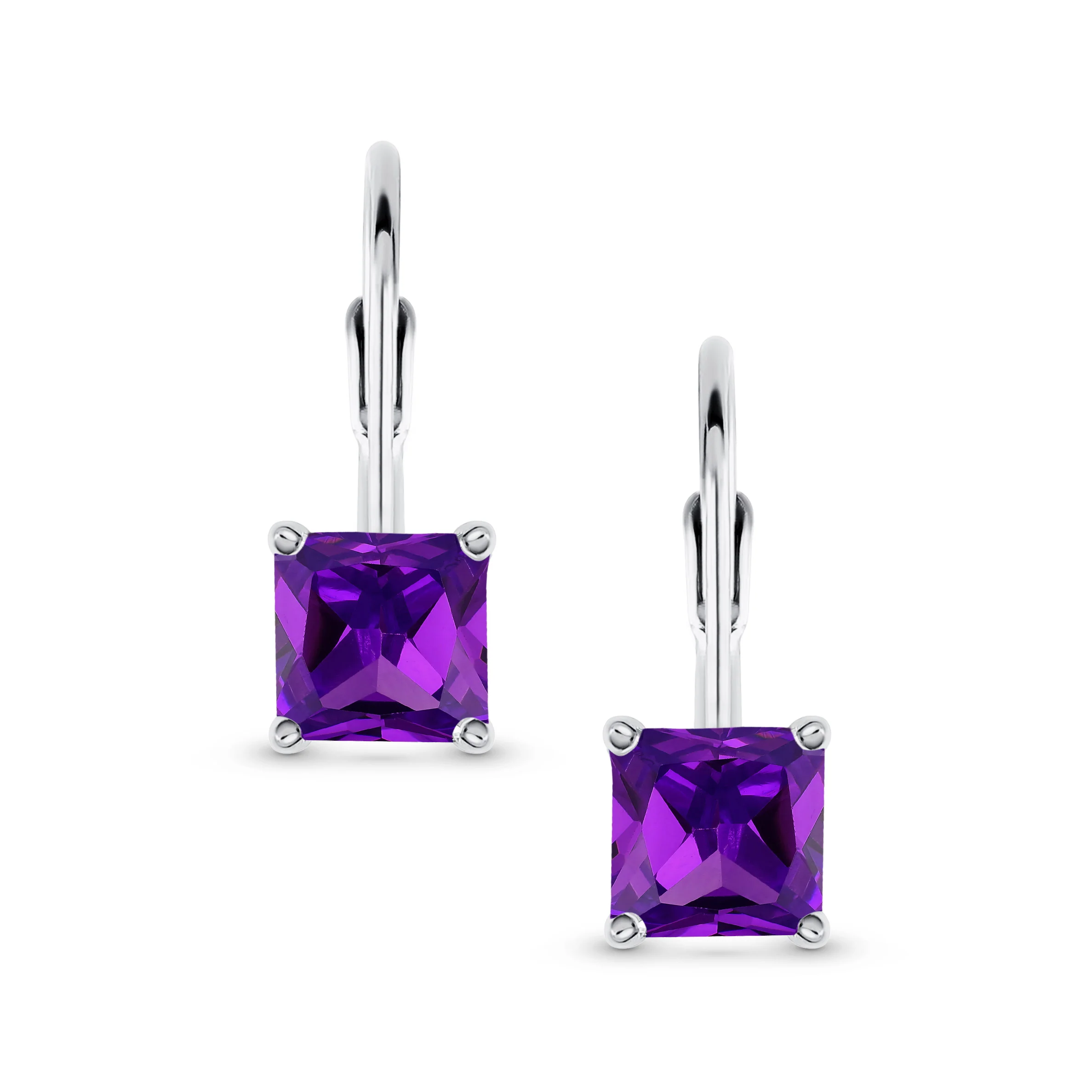 Imitation Amethyst Purple Princess Cut Solitaire AAA CZ Drop Earrings Leverback - Image 10