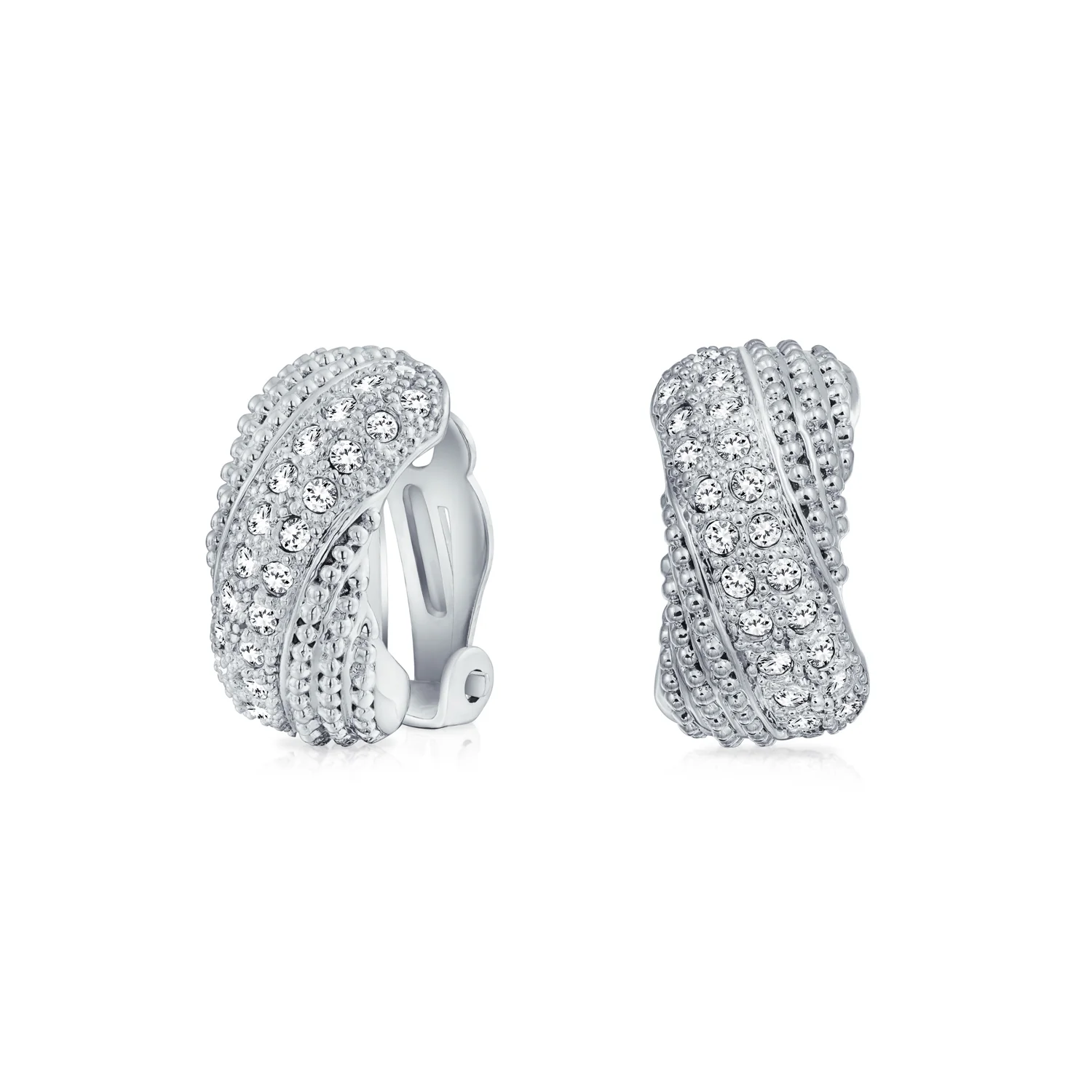 Fashion Criss Cross Twisted Pave Crystal Dome Hoop Clip On Earrings Non Pierced