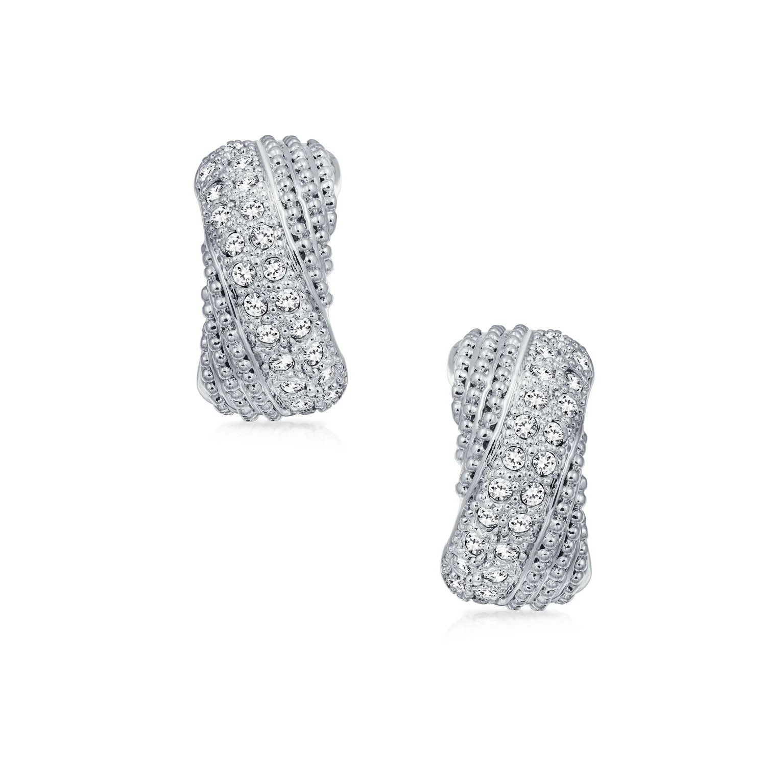 Fashion Criss Cross Twisted Pave Crystal Dome Hoop Clip On Earrings Non Pierced - Image 2