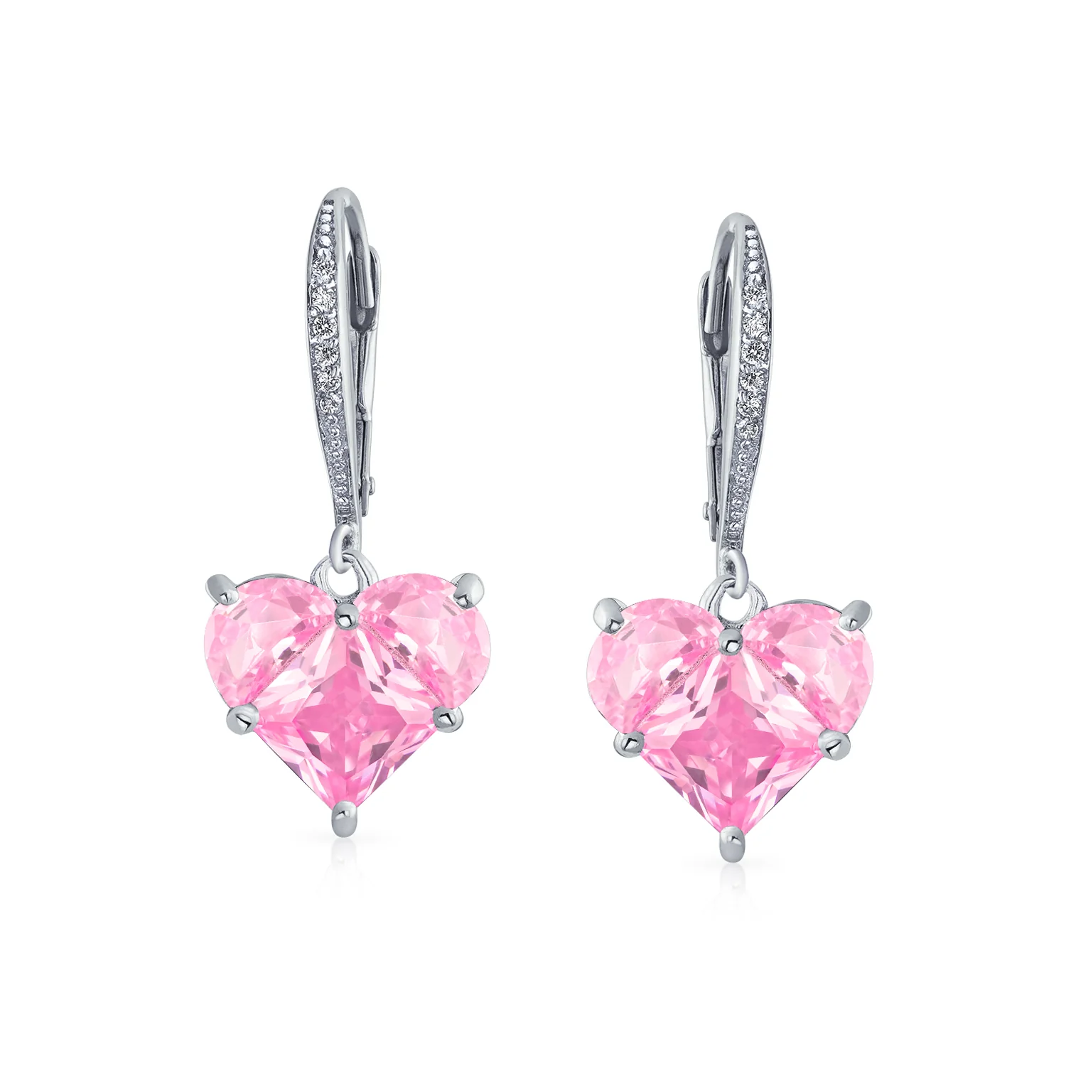 Bridal Romantic Red Pink CZ Heart Dangle Chandelier Earrings Sterling Silver - Image 5