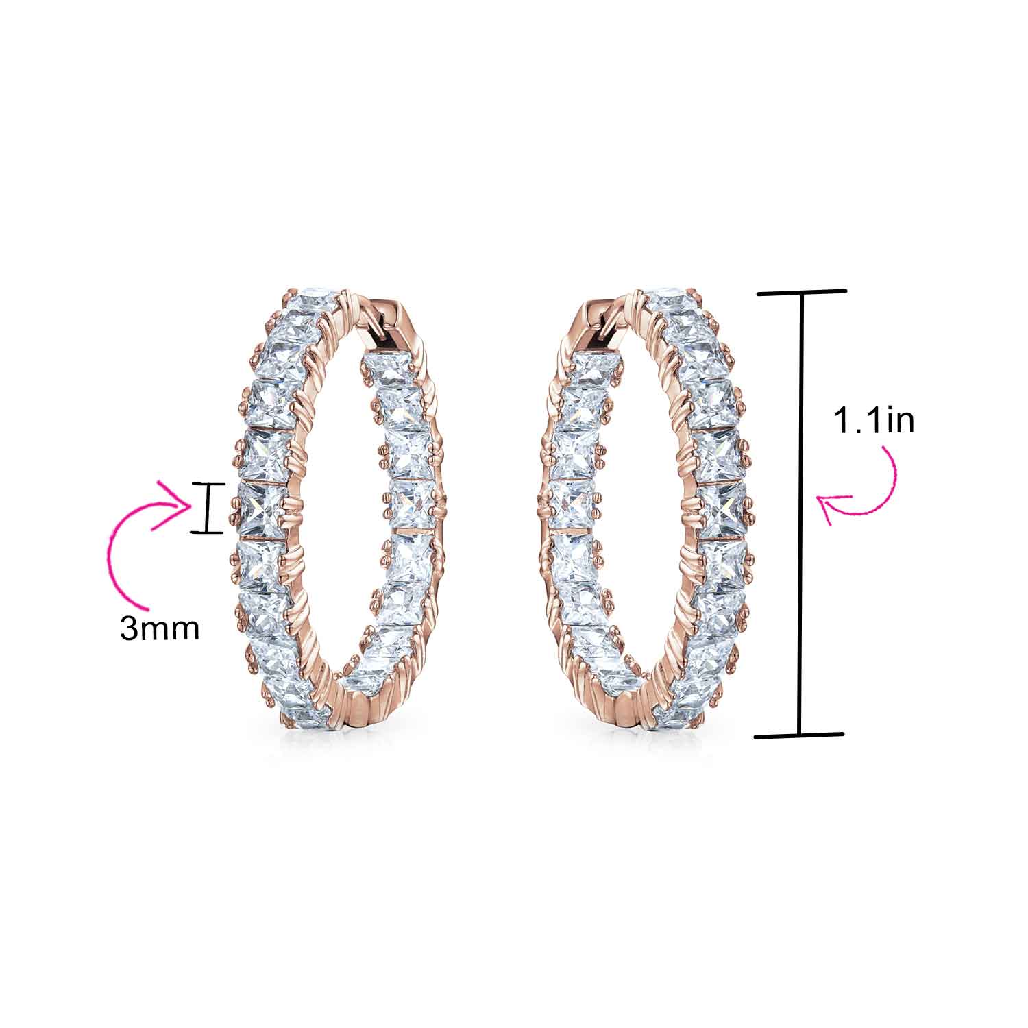 Fancy Cocktail Cubic Zirconia Princess Cut CZ Inside Out Hoop Earrings 1.25 Inch Silver Plated - Image 10