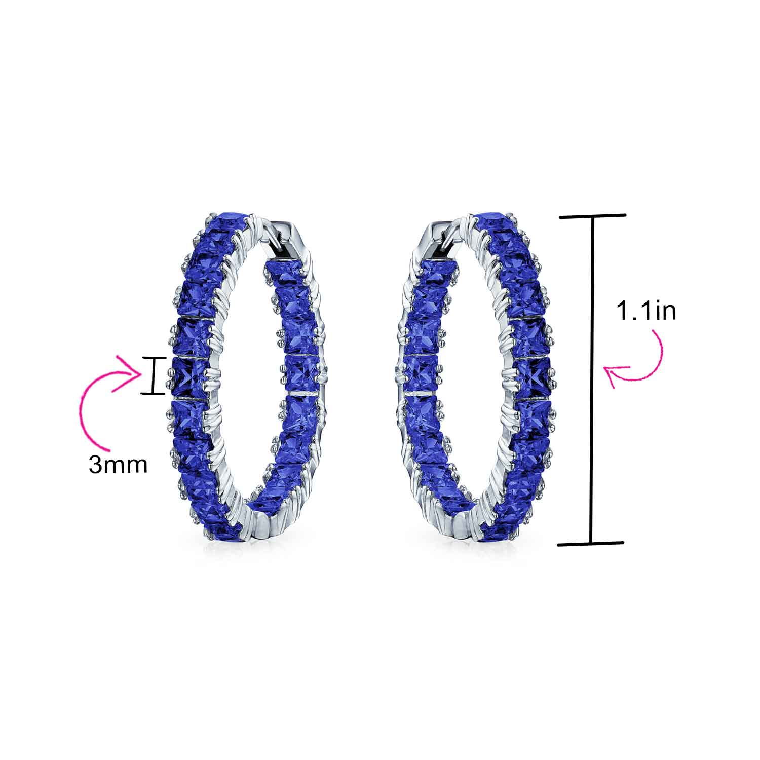 Fancy Cocktail Cubic Zirconia Princess Cut CZ Inside Out Hoop Earrings 1.25 Inch Silver Plated - Image 12
