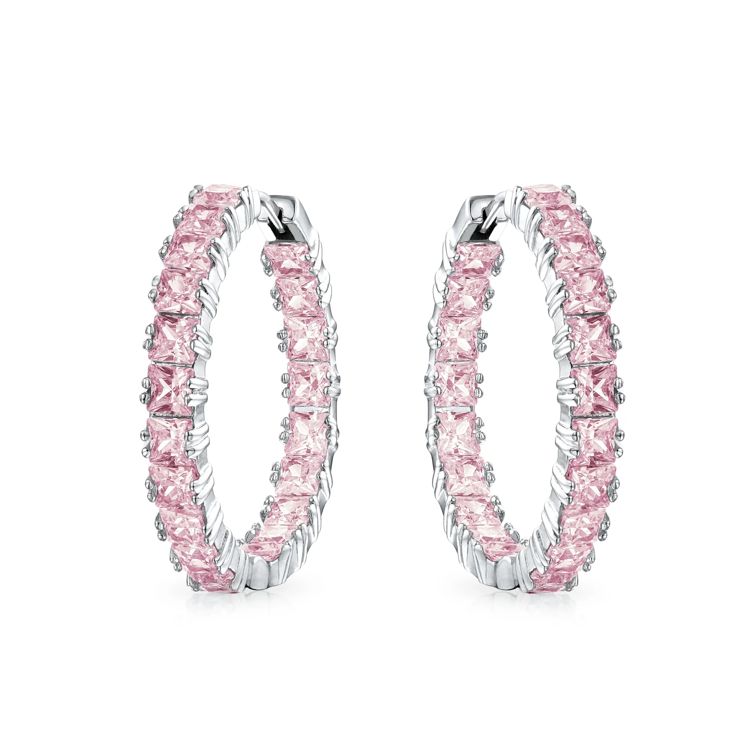 Fancy Cocktail Cubic Zirconia Princess Cut CZ Inside Out Hoop Earrings 1.25 Inch Silver Plated - Image 3