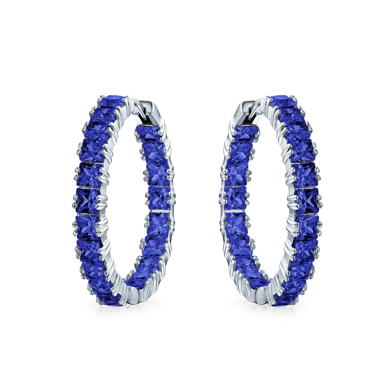 Fancy Cocktail Cubic Zirconia Princess Cut CZ Inside Out Hoop Earrings 1.25 Inch Silver Plated - Image 4