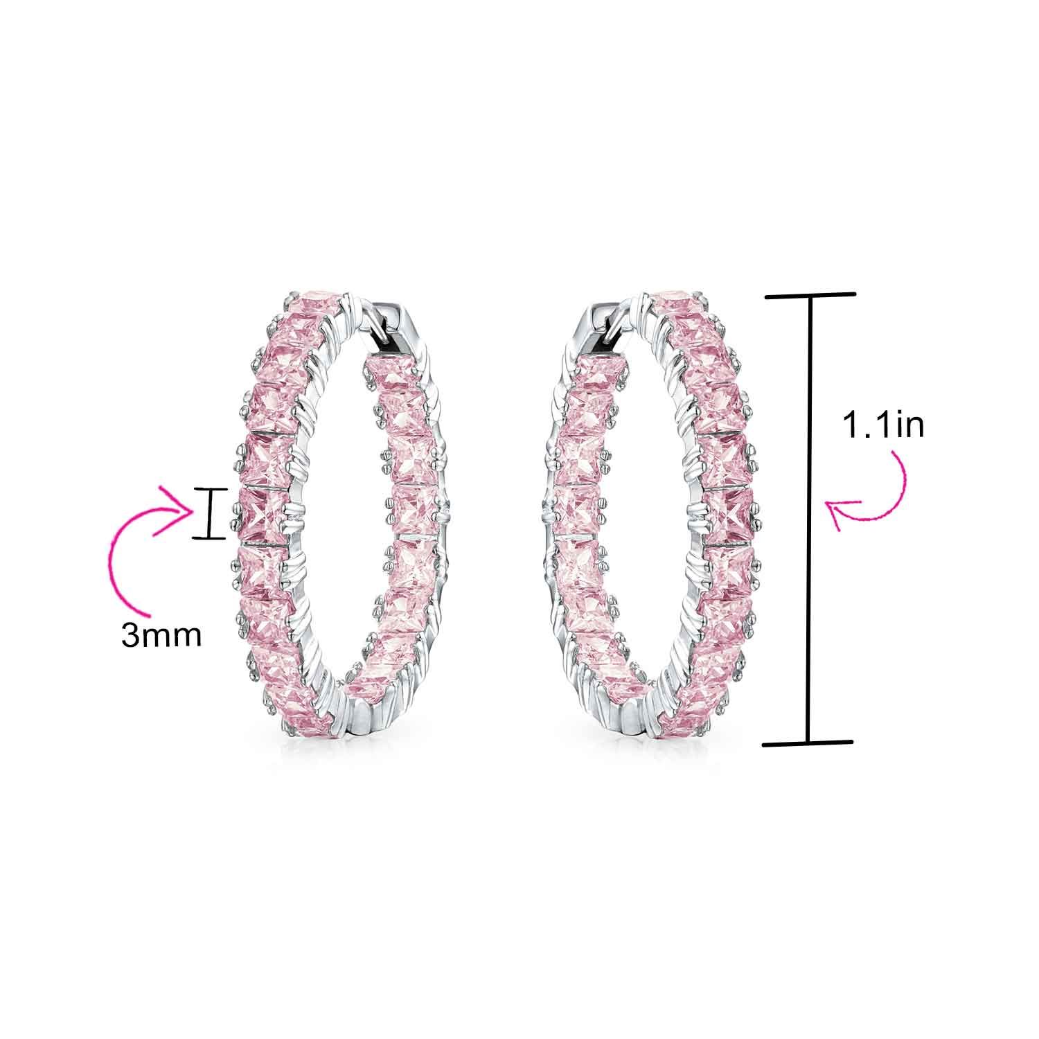 Fancy Cocktail Cubic Zirconia Princess Cut CZ Inside Out Hoop Earrings 1.25 Inch Silver Plated - Image 7