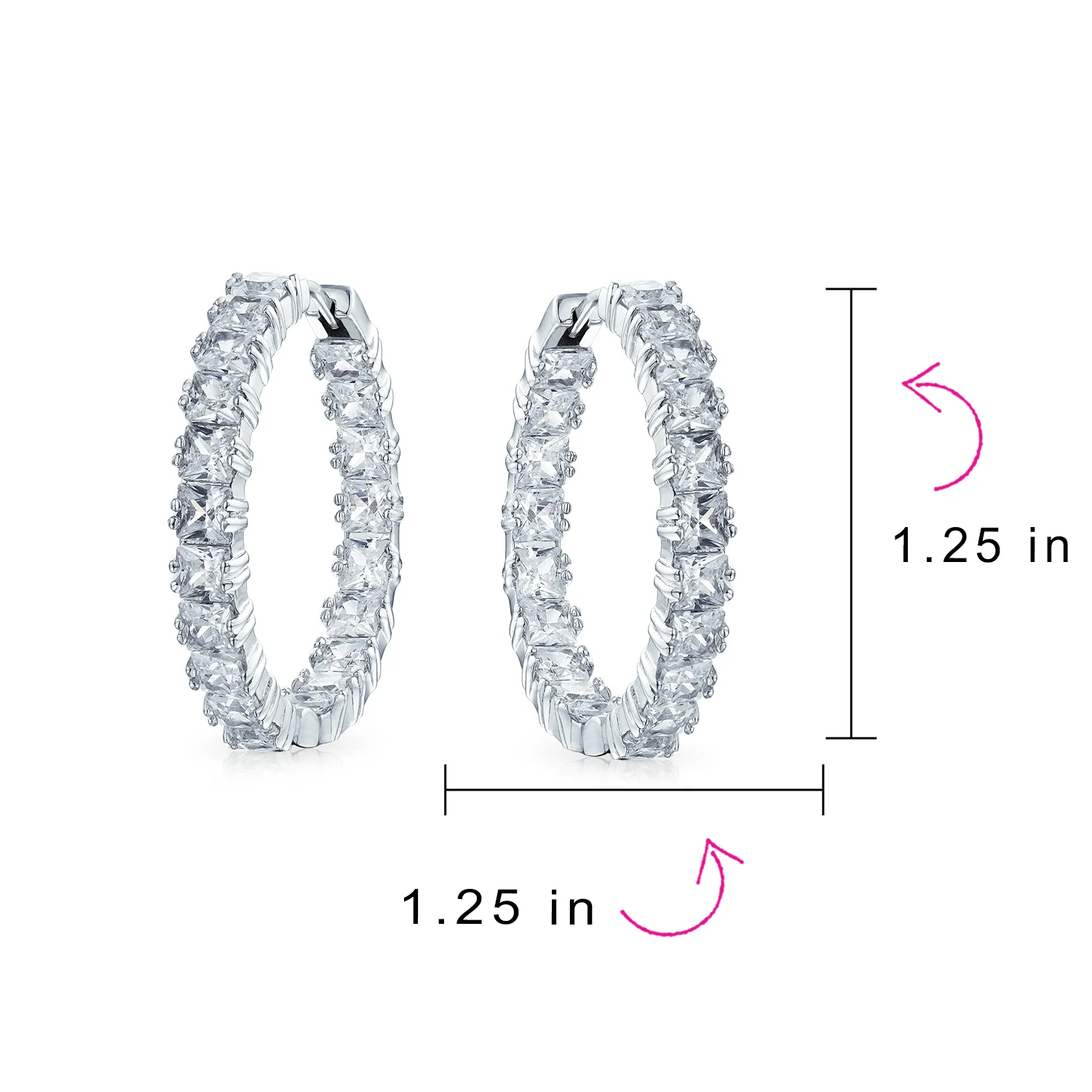 Fancy Cocktail Cubic Zirconia Princess Cut CZ Inside Out Hoop Earrings 1.25 Inch Silver Plated - Image 9