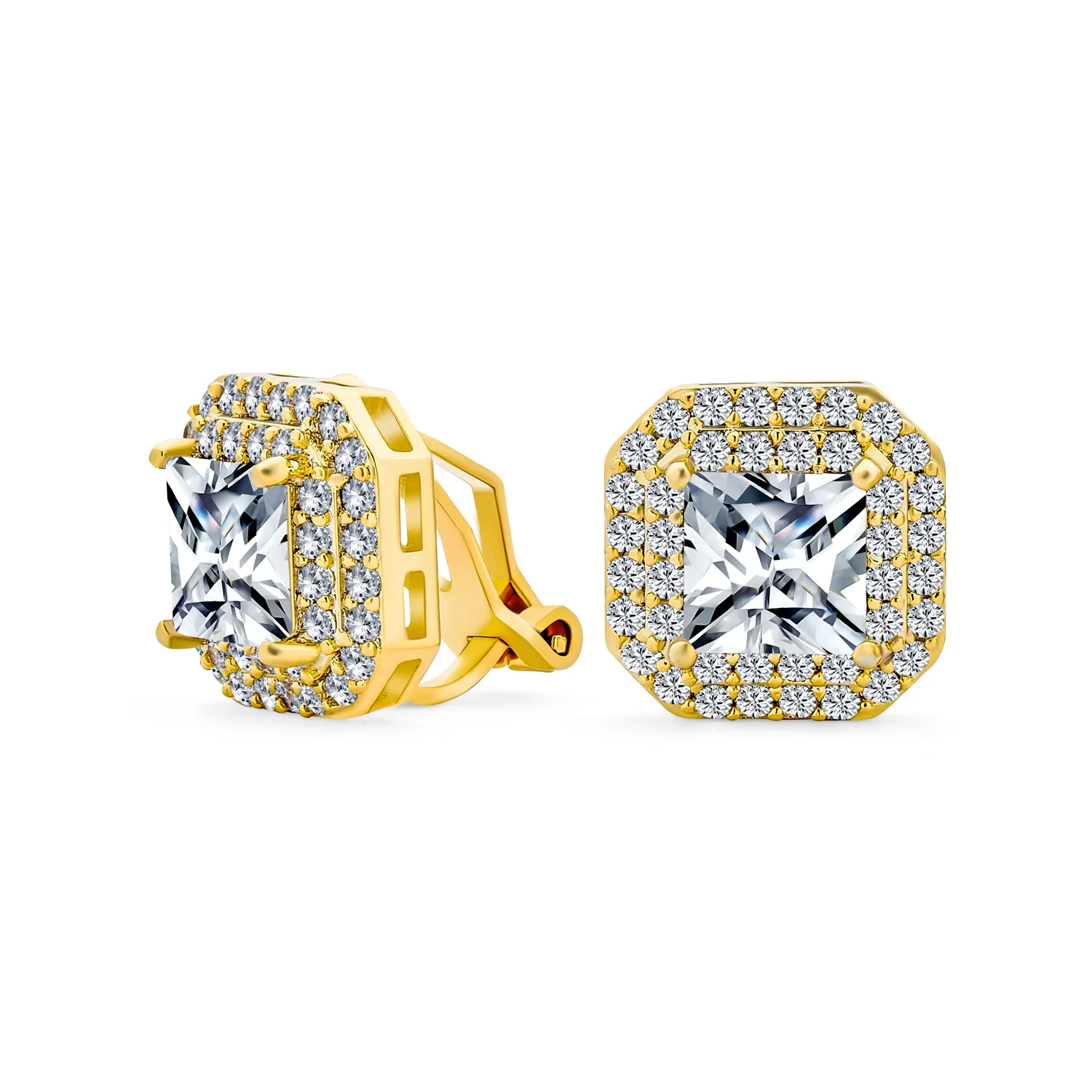 CZ Halo Princess Cut Cubic Zirconia Statement Stud Clip On Earrings Gold Plated