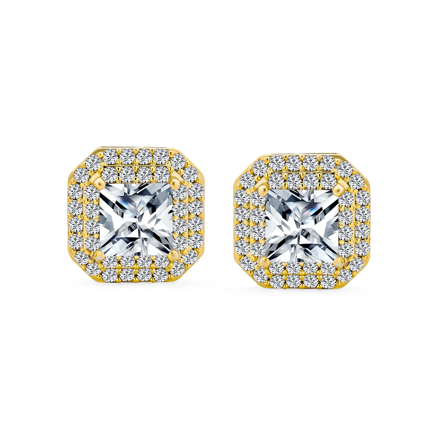 CZ Halo Princess Cut Cubic Zirconia Statement Stud Clip On Earrings Gold Plated - Image 2
