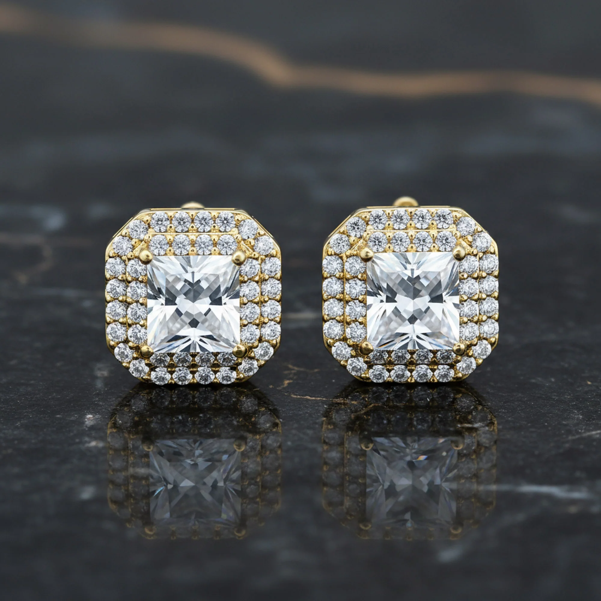 CZ Halo Princess Cut Cubic Zirconia Statement Stud Clip On Earrings Gold Plated - Image 4