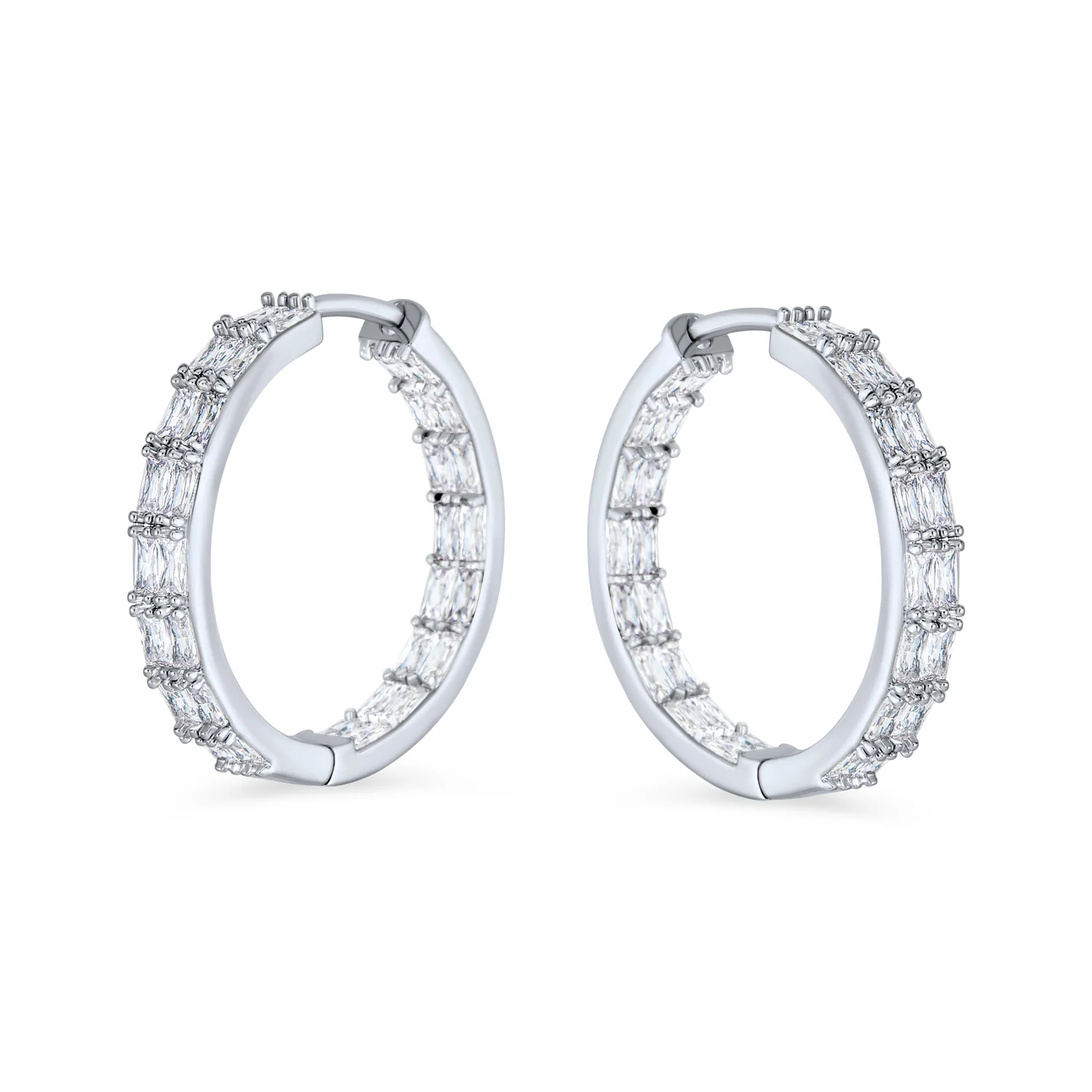 Princess Cut Cubic Zirconia Milgrain Edge Inside Out Hoop Earrings Silver Plated - Image 2