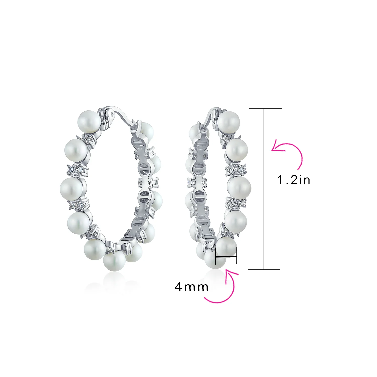 Bridal Statement White Simulated Pearl CZ Hoop Earrings Silver Plated 1.25 Inch - Image 4