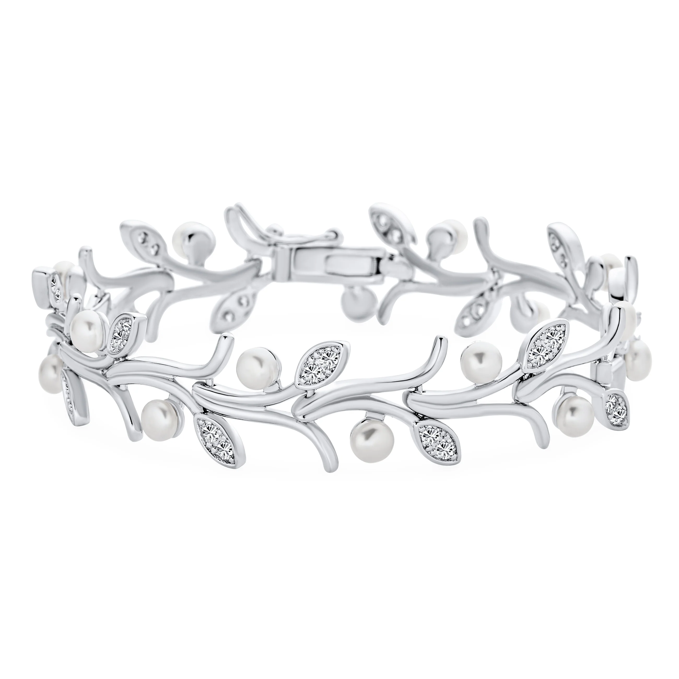 Delicate Vine Leaf White Freshwater Cultured Button Pearl Bracelet with CZ Accent 7 Inch