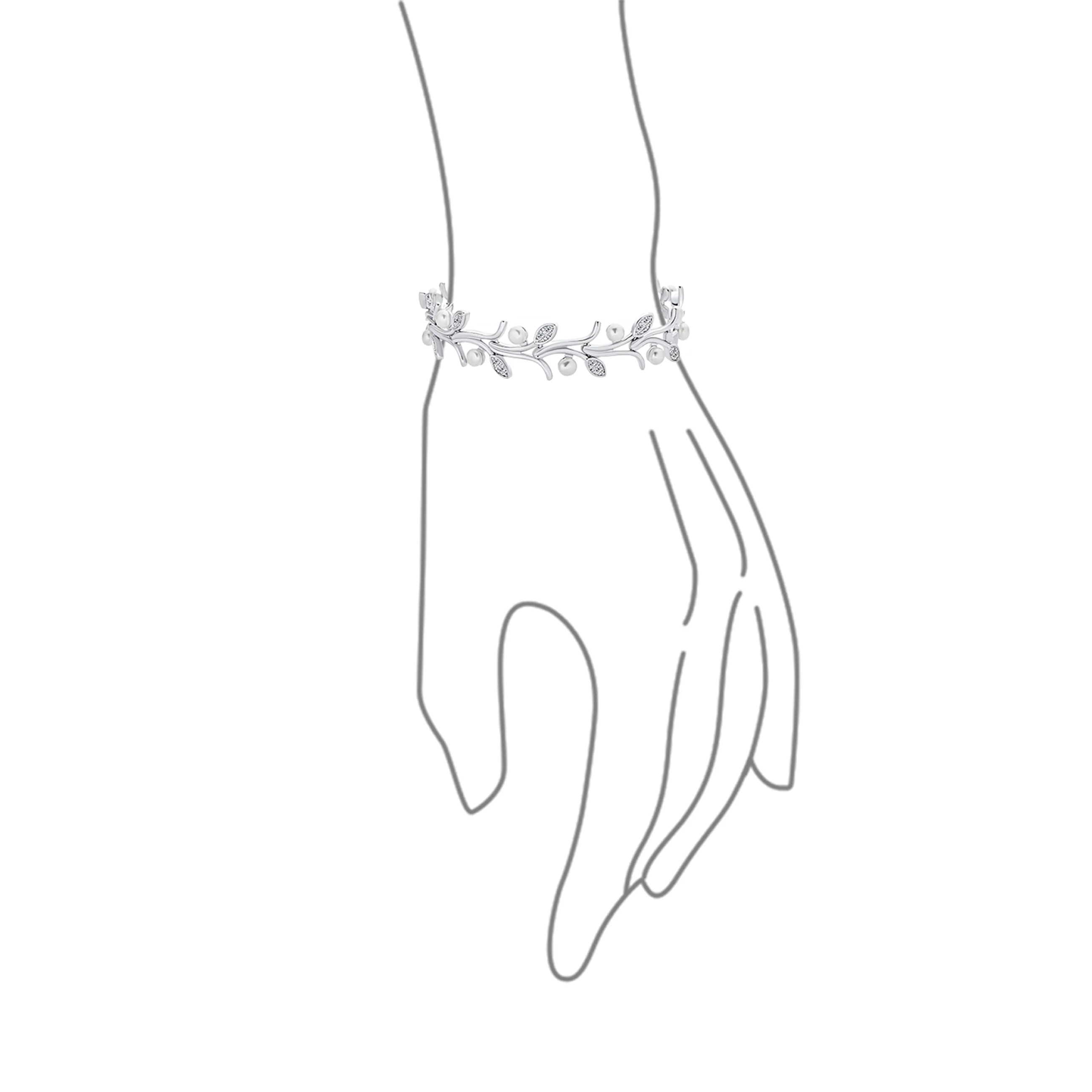 Delicate Vine Leaf White Freshwater Cultured Button Pearl Bracelet with CZ Accent 7 Inch - Image 4