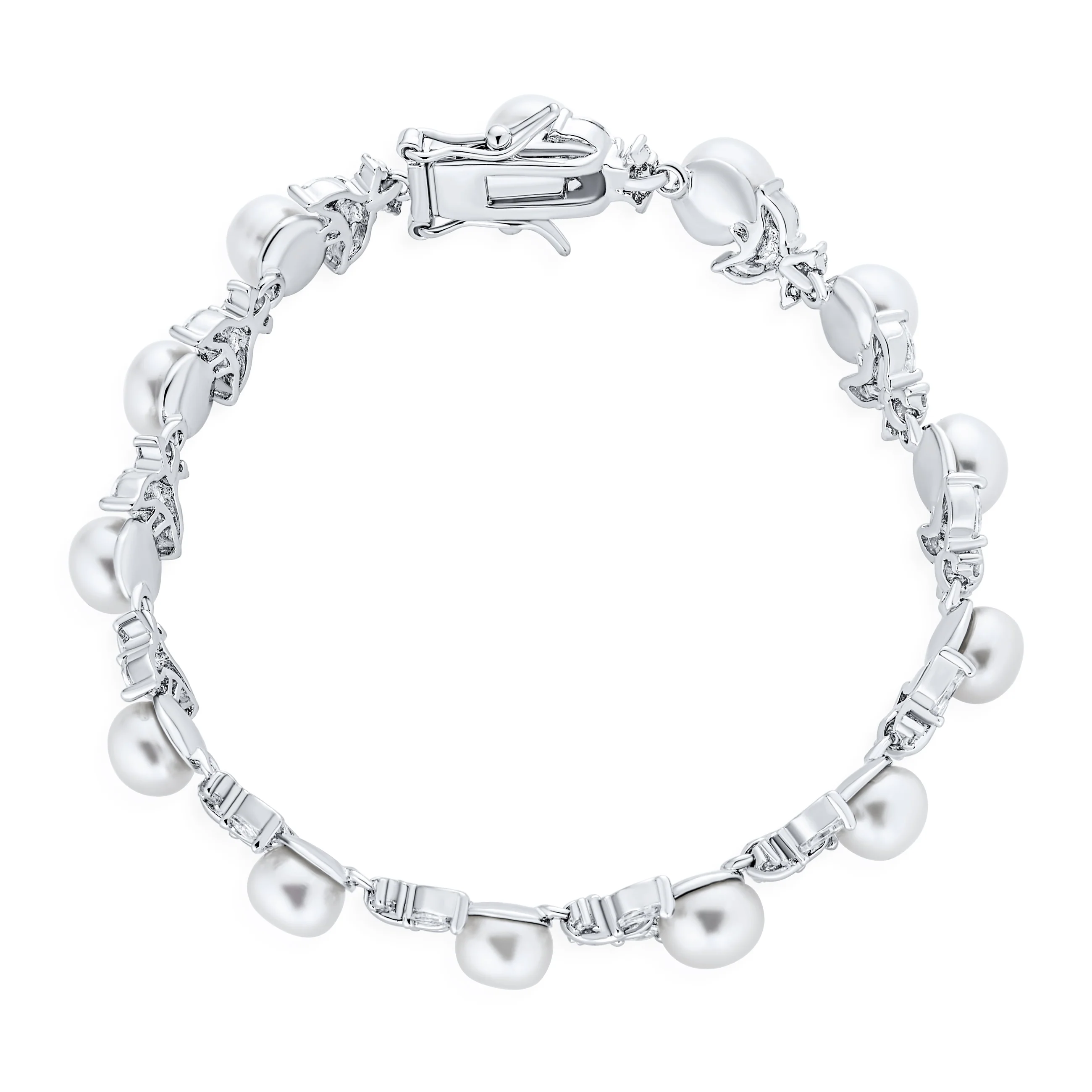 Multi CZ Marquise Leaves Vine White Cultured Freshwater Pearl Strand Bracelet - Image 2
