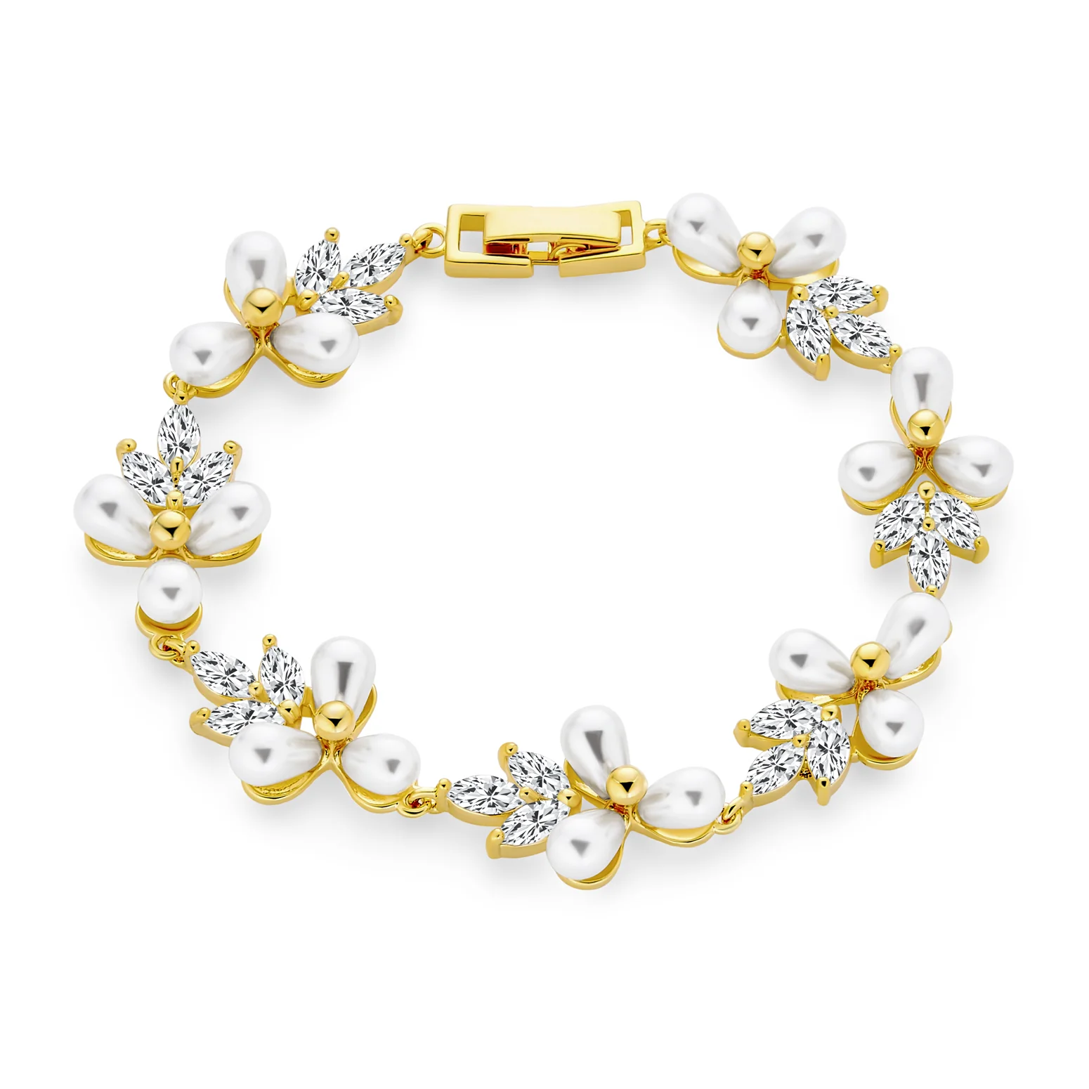 Multi Flowers Leaf Motif White Cultured Freshwater Pearl Strand Bracelet 7 Inch - Image 2