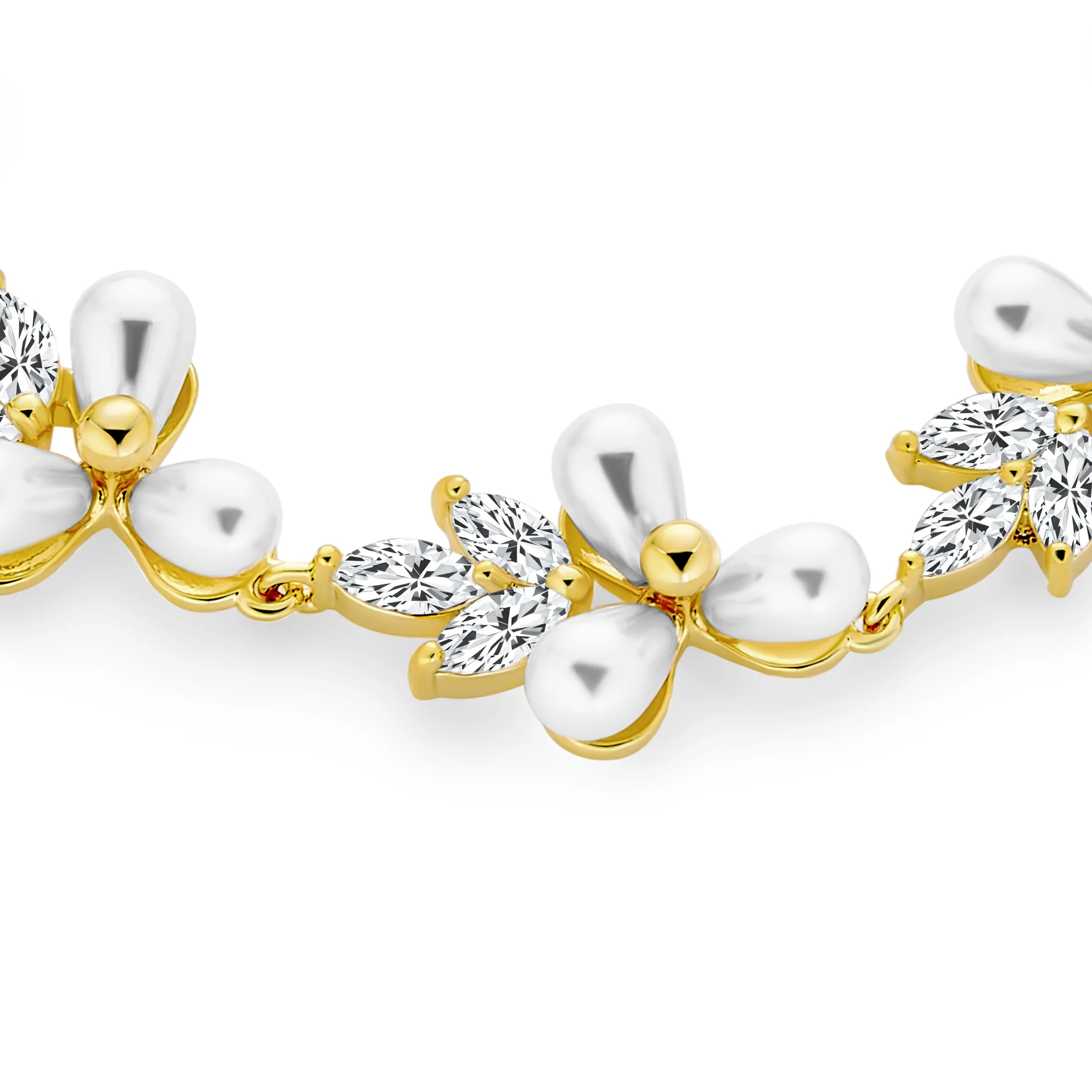 Multi Flowers Leaf Motif White Cultured Freshwater Pearl Strand Bracelet 7 Inch - Image 4