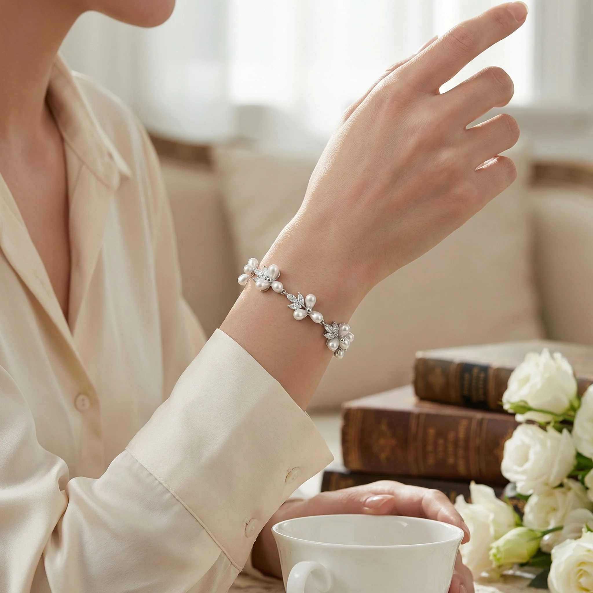 Multi Flowers Leaf Motif White Cultured Freshwater Pearl Strand Bracelet 7 Inch - Image 5