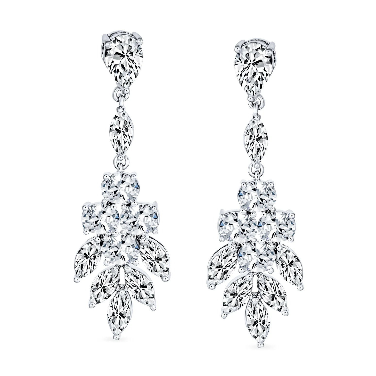 Bridal Statement Marquise Cluster Cubic Zirconia CZ Leaf Teardrop Chandelier Dangle Earrings - Image 2