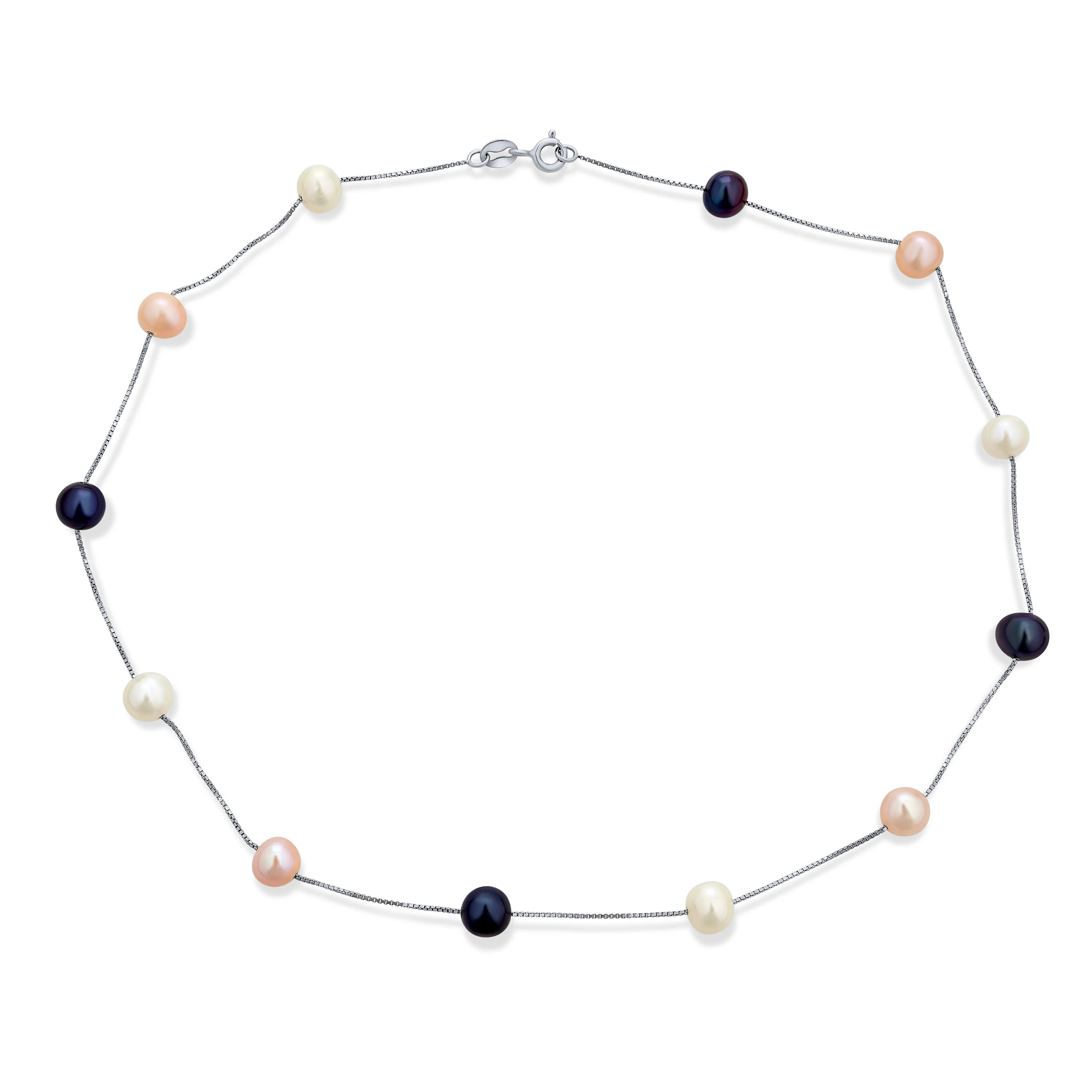 Bridal Tin Cup Freshwater Cultured Pearl Chain Station Necklace Sterling Silver