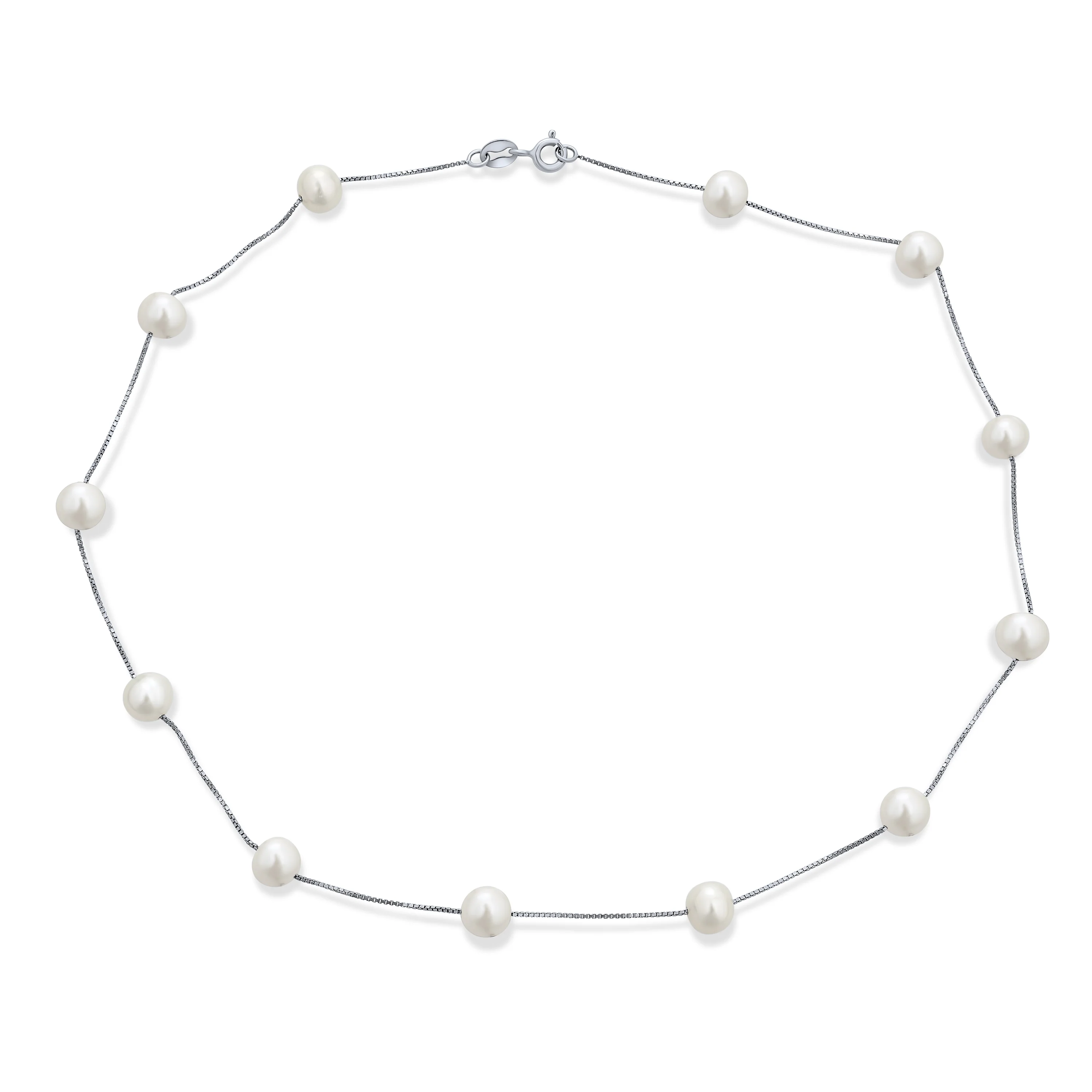 Bridal Tin Cup Freshwater Cultured Pearl Chain Station Necklace Sterling Silver - Image 2