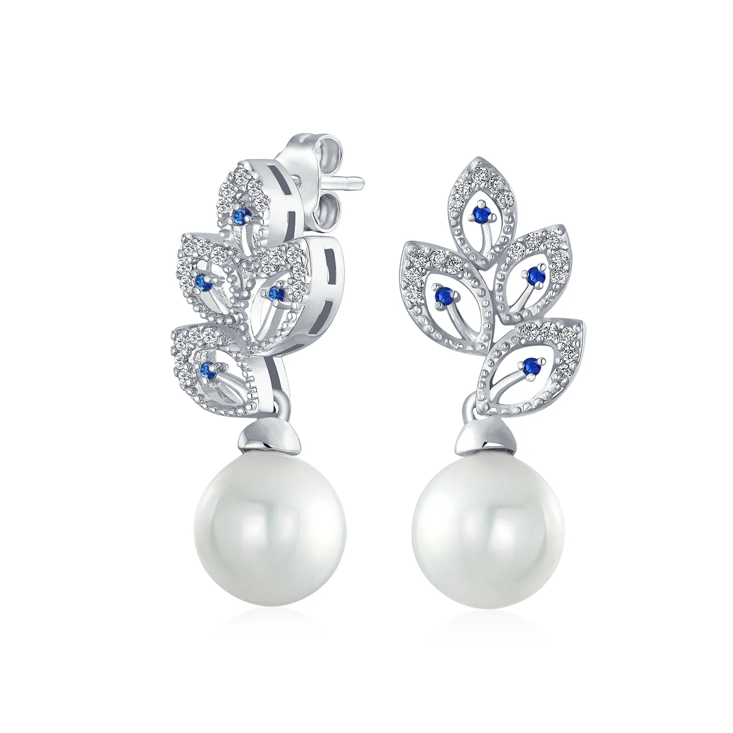 Bridal Vintage Dangle Chandelier Earrings with CZ Leaf & Simulated Pearl Drop