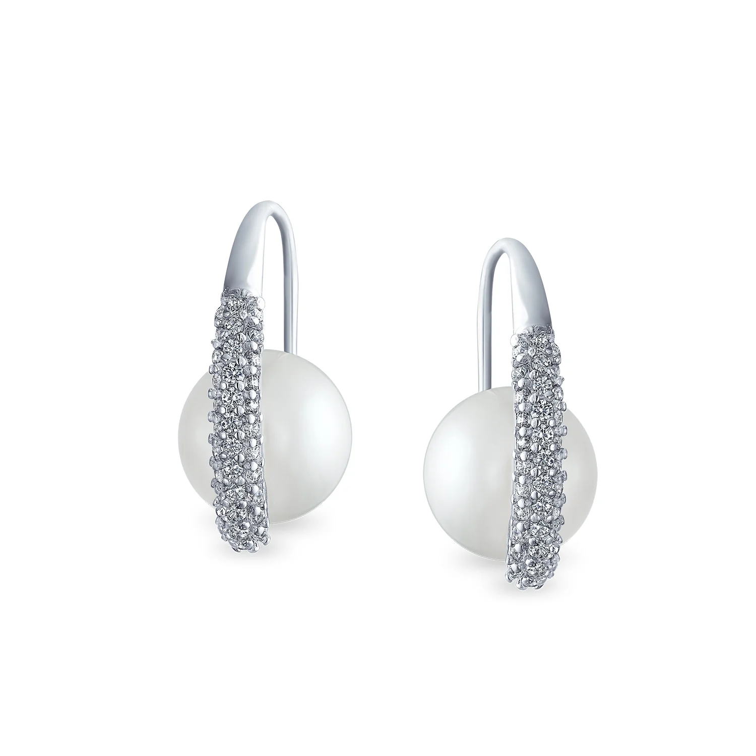 Bridal White Pearl Dangle Chandelier Earrings with CZ Pave and Silver Plating - Image 2