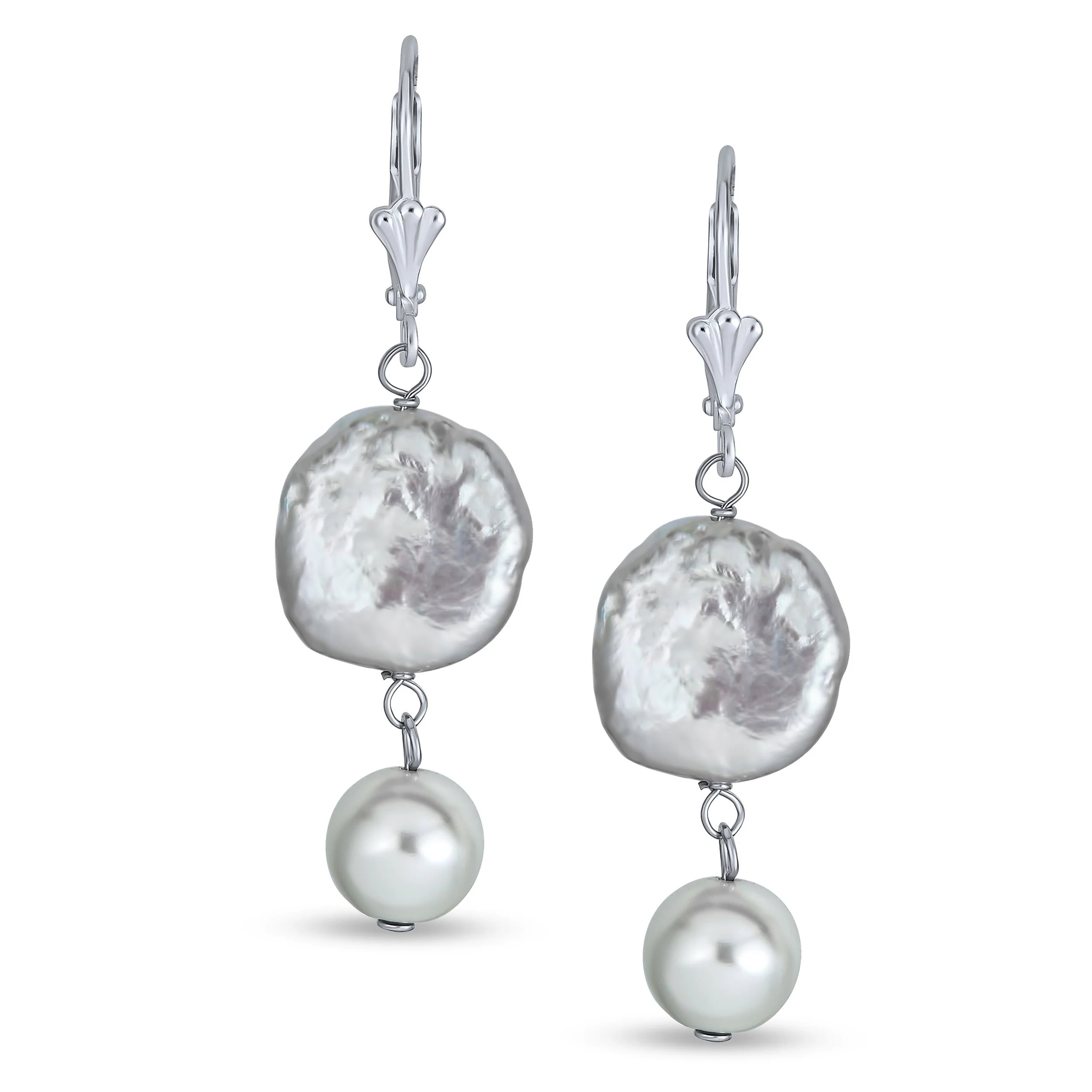 White Cultured Coin Biwa Pearl Leverback Dangle Earrings .925 Sterling Silver