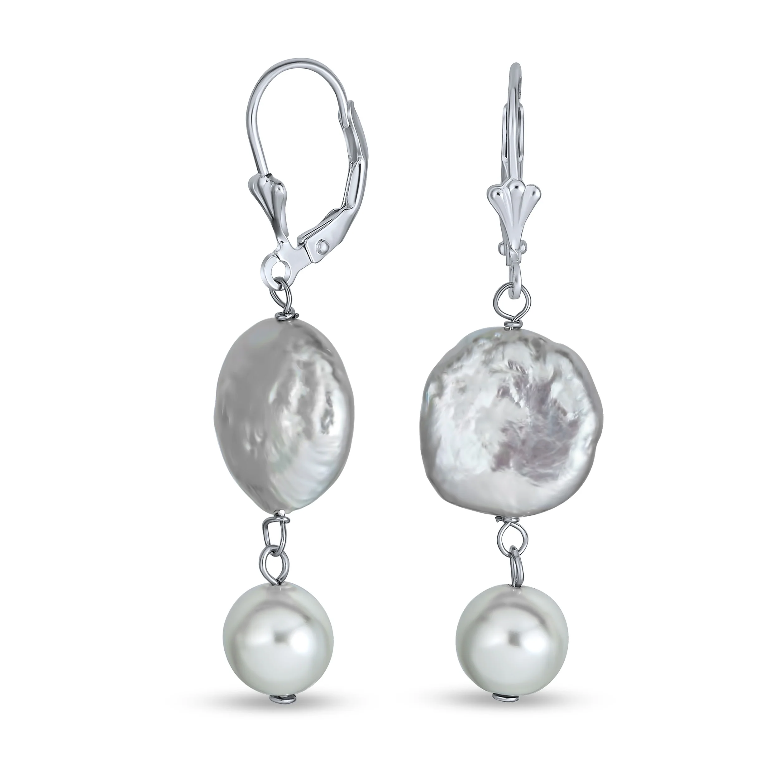 White Cultured Coin Biwa Pearl Leverback Dangle Earrings .925 Sterling Silver - Image 2