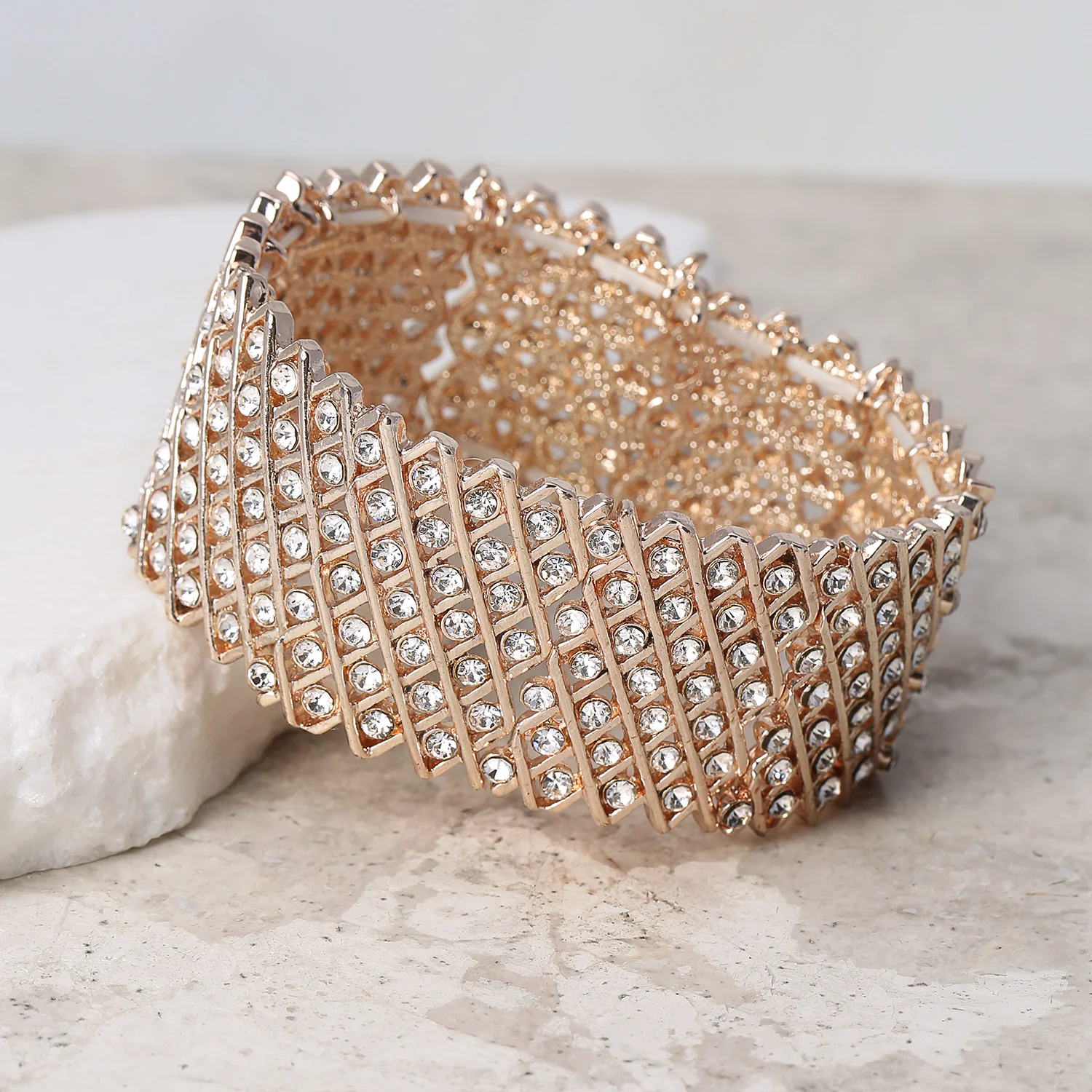 Fashion White Crystal Encrusted Statement Stretch Bracelet Rose Gold Plated - Image 5