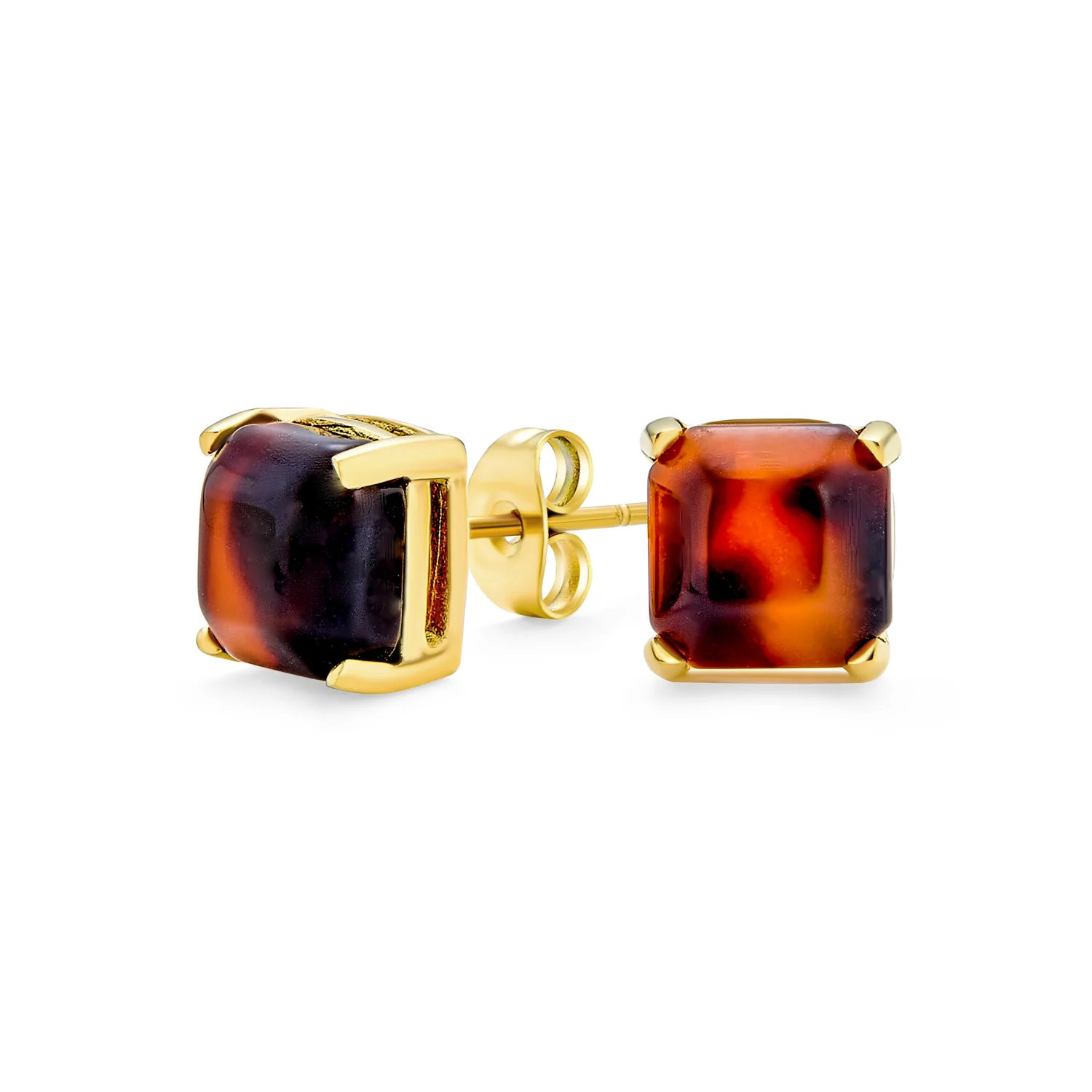 Brown Cushion Square Acrylic Tortoise Shell Stud Earrings 8MM Gold Plated Steel