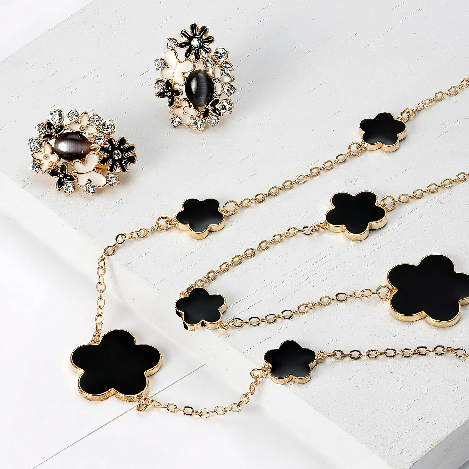 Garden Button Style Black White Butterflies Flower Clip-On Earrings Non-Pierced Ears - Image 6