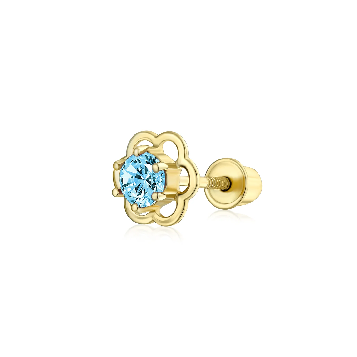 Tiny Open Flower Blue CZ Stud Helix Lobe Cartilage 1 Piece Earring Screwback 14K Yellow Gold 4MM
