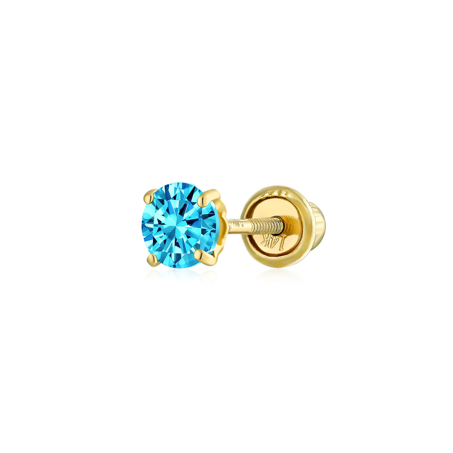 Tiny 3MM Blue Topaz Solitaire CZ Cartilage 1 Stud Earring Yellow 14K Gold Screwback - Image 4
