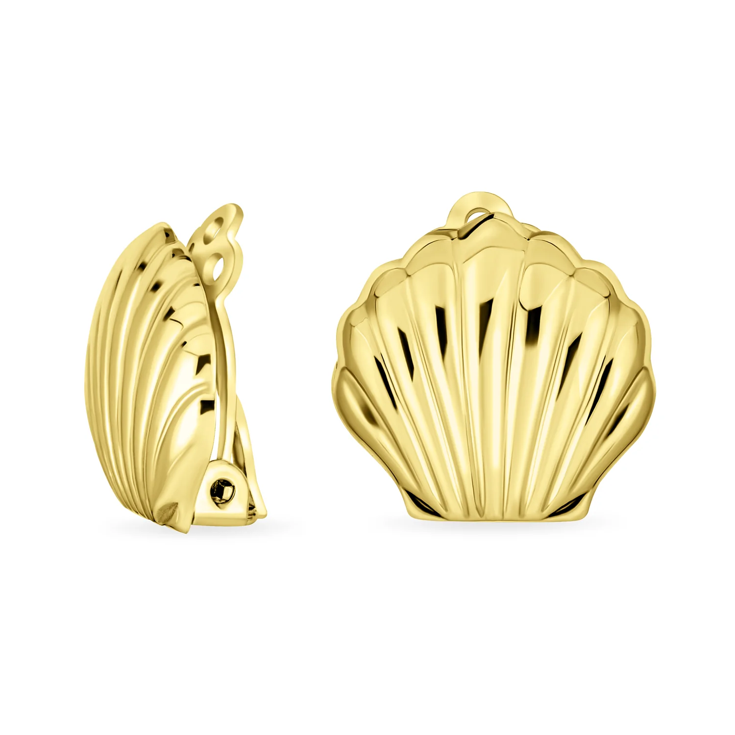 Carved Seashell Nautical Clip-On Earrings 14K Gold Plated Sterling Silver - Image 2