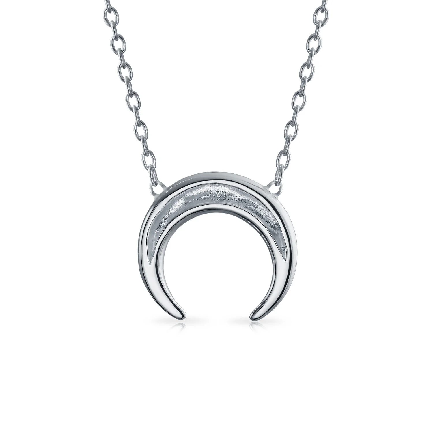 Celestial Crescent Moon Pendant Necklace Sterling Silver with Double Horn Design - Image 2