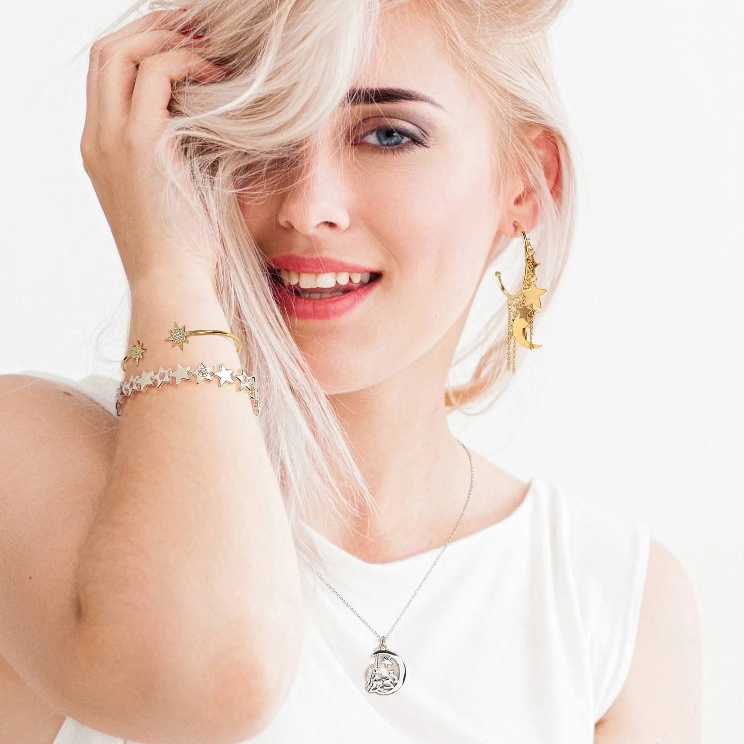 Trendy Moon Stars Dangling Charm Crescent Large Hoop Stud Earrings - Image 6