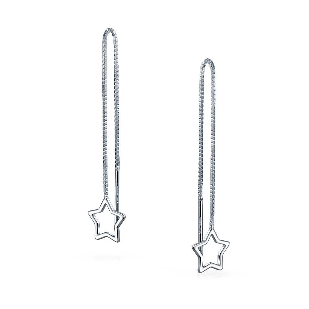 Celestial Star Dangle Earrings Long Chain Threader Sterling Silver Hook - Image 3