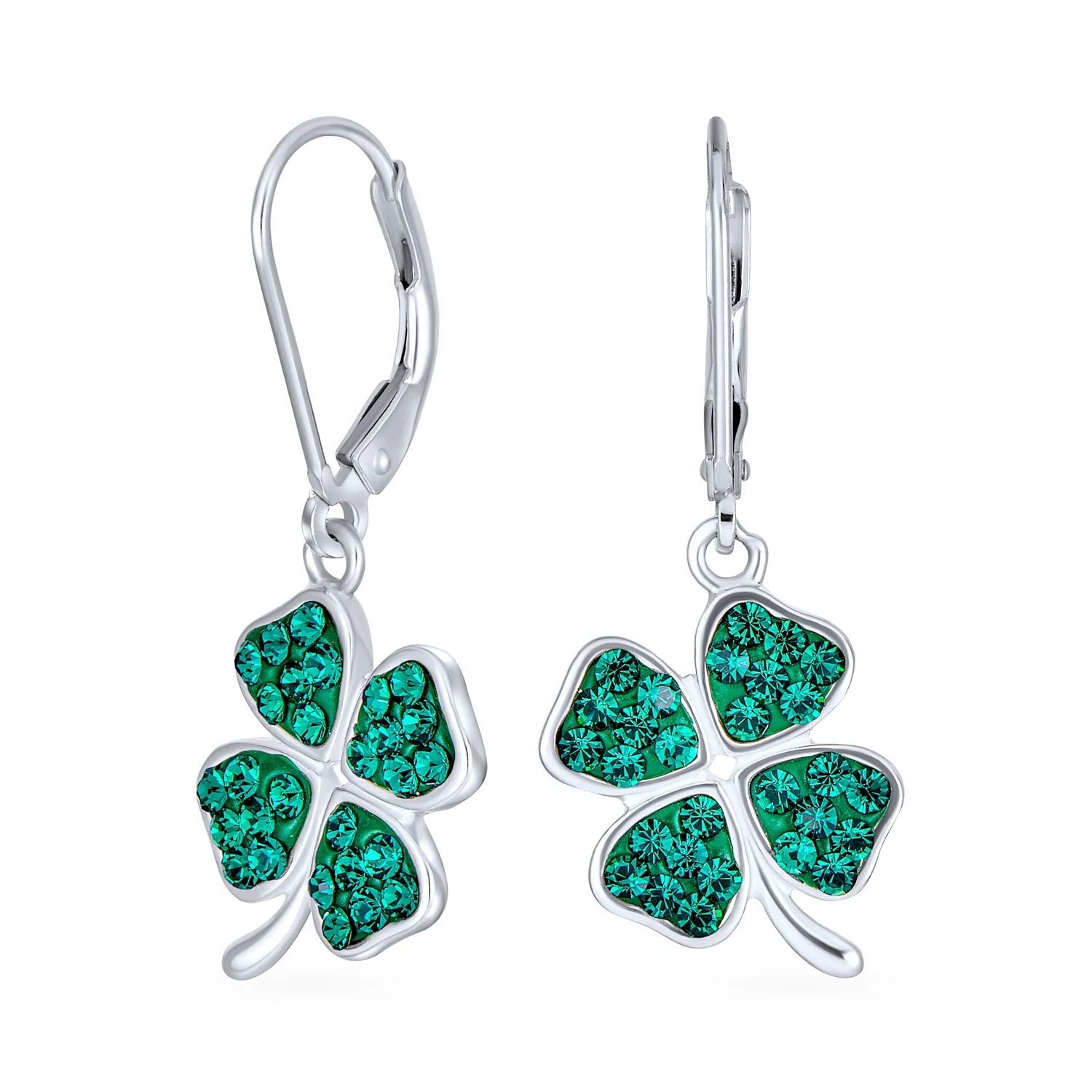 Celtic Irish Good Luck Green Crystal Clover Dangle Earrings in Sterling Silver