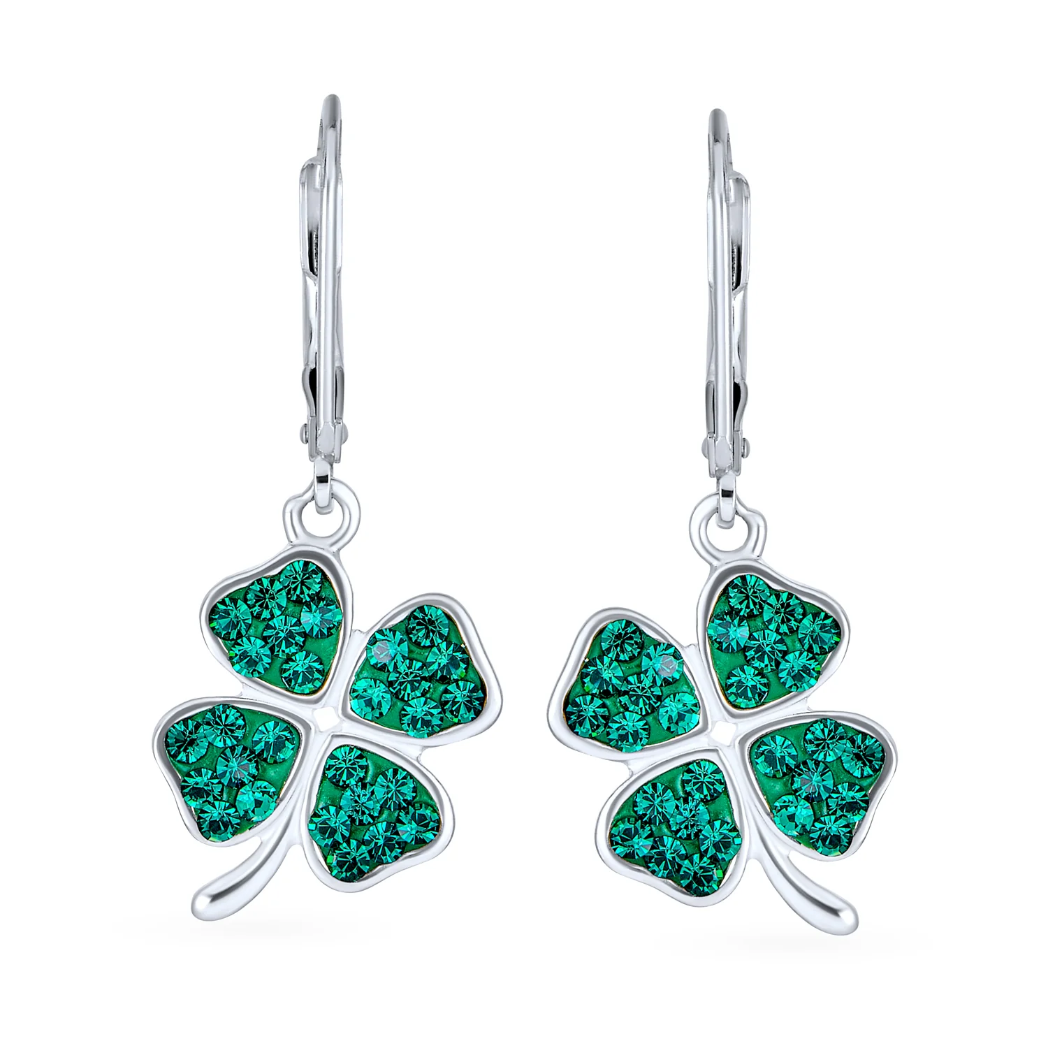 Celtic Irish Good Luck Green Crystal Clover Dangle Earrings in Sterling Silver - Image 2