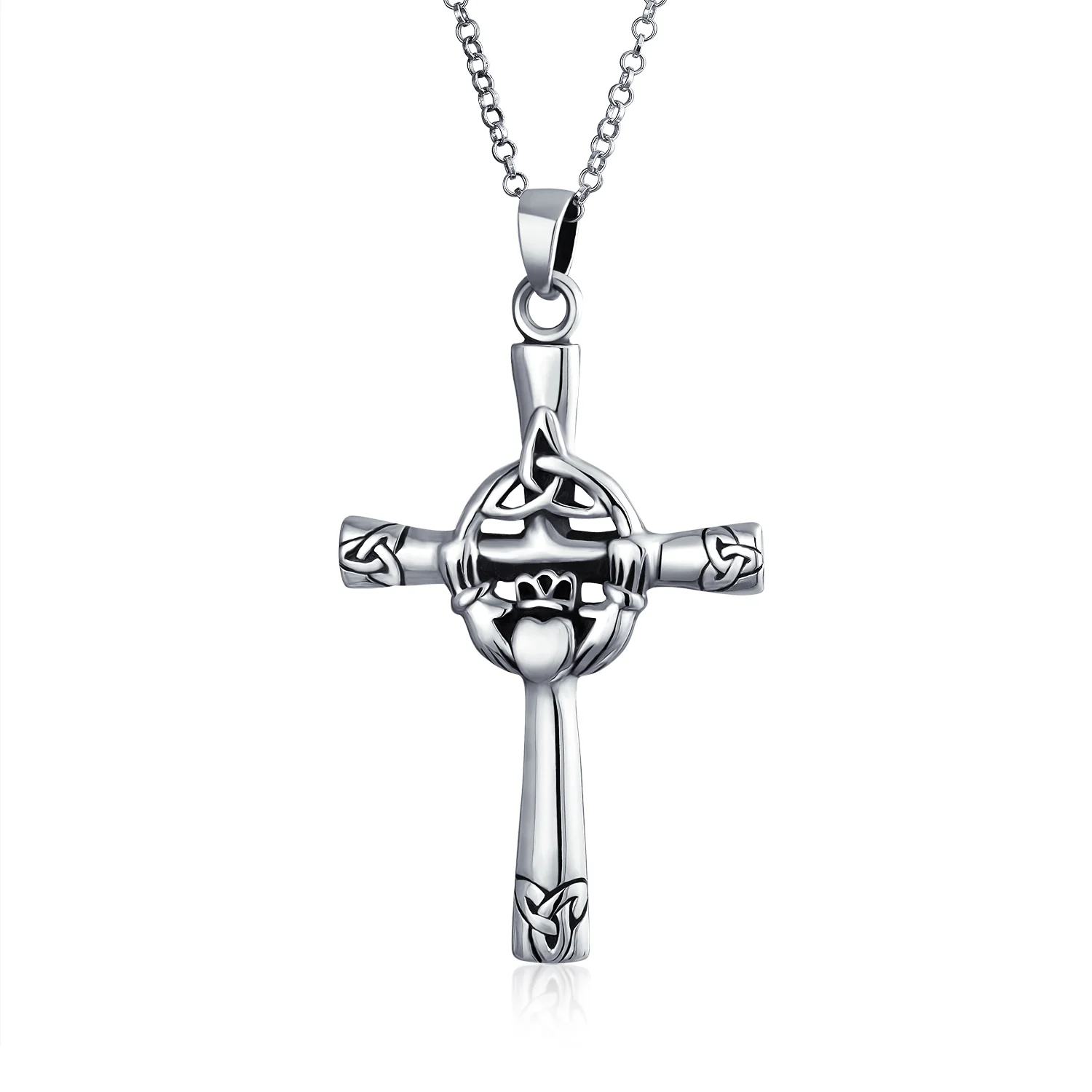 Celtic Claddagh Cross Pendant Necklace Trinity Infinity Knot Claddagh Oxidized .925 Sterling Silver