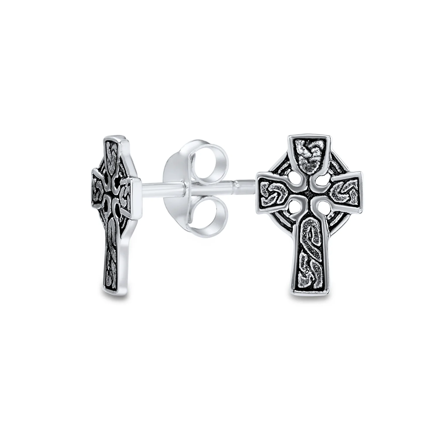 Religious Celtic Knot Cross Stud Earrings in Oxidized Sterling Silver for Men