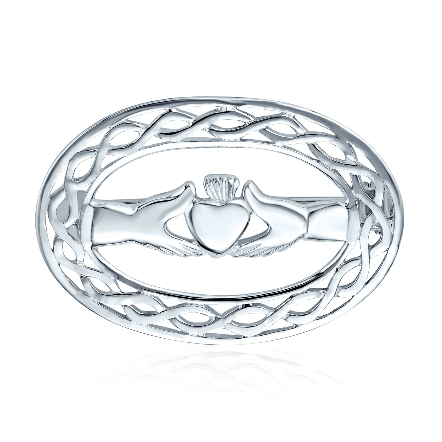 Celtic Love Knot Large Oval Claddagh Design Scarf Brooch Pin .925 Sterling Silver