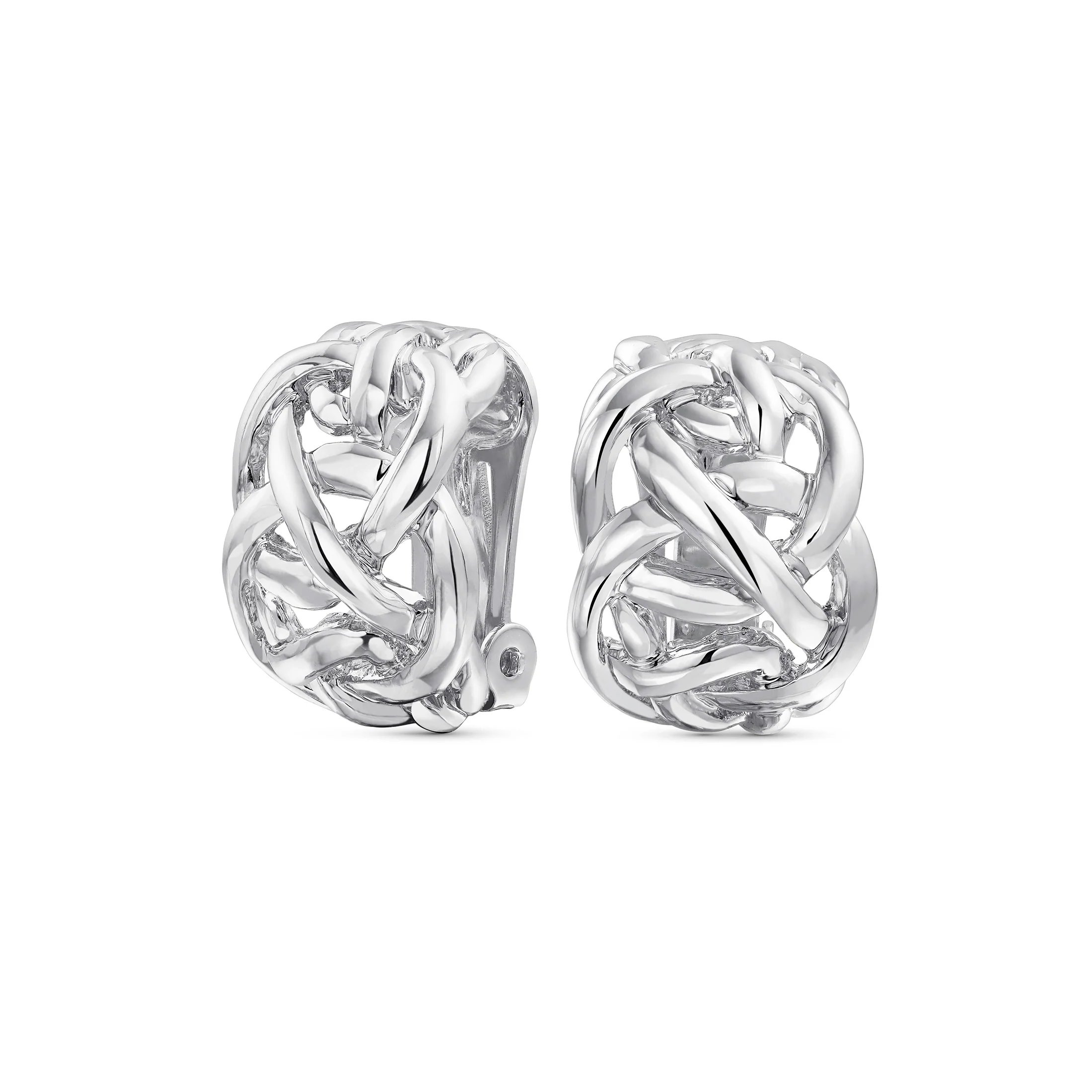 Open Criss Cross Weave Love Knot Half Hoop Clip On Earrings Non Pierced Ears Silver