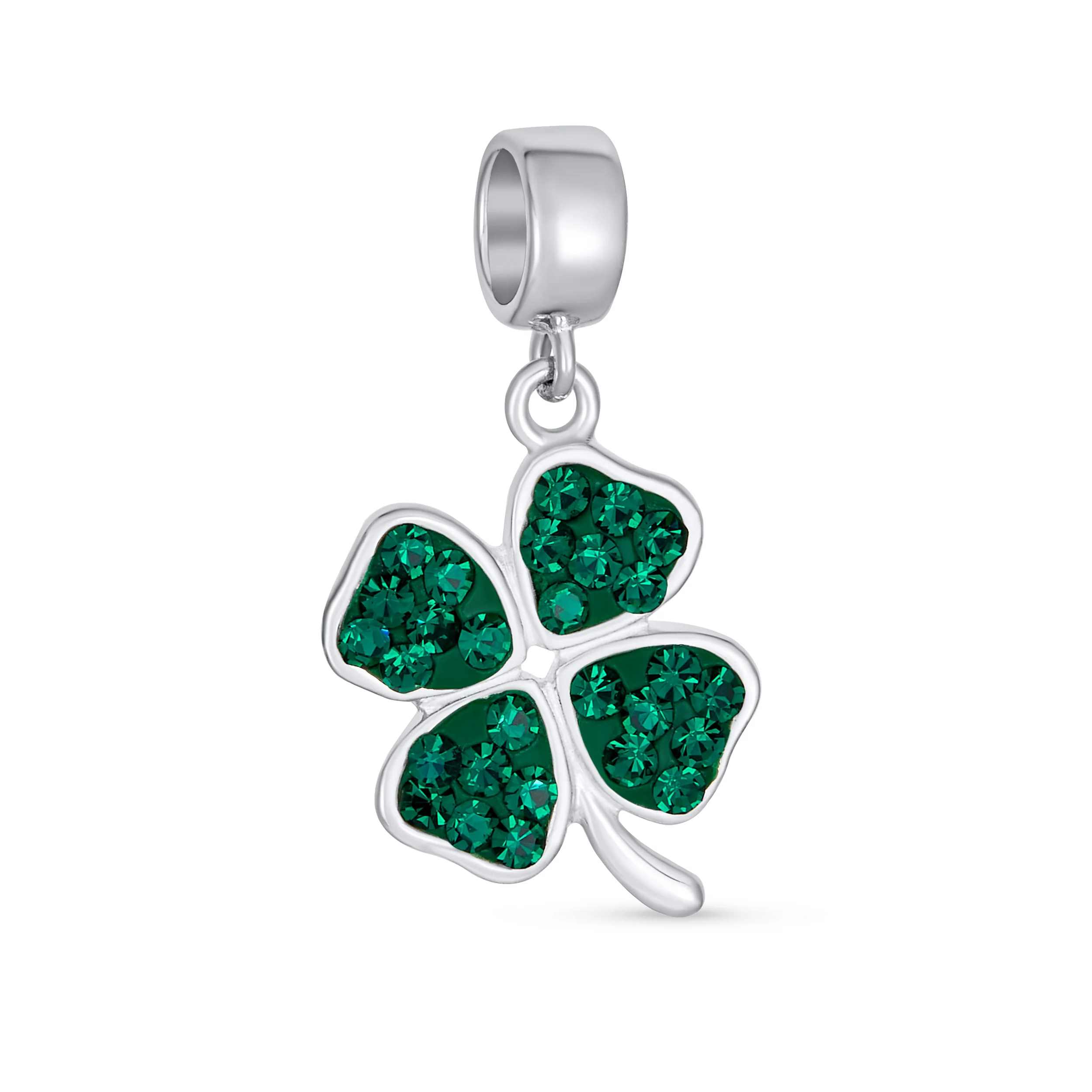 Good Luck Leaf Green Crystal Shamrock Clover Dangle Bead Charm Sterling Silver