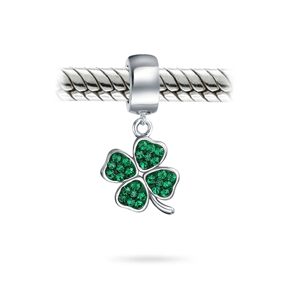 Good Luck Leaf Green Crystal Shamrock Clover Dangle Bead Charm Sterling Silver - Image 2